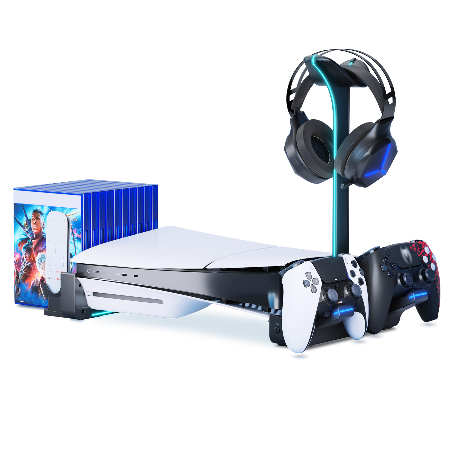 Horizontal Stand for PS5 Slim with Controller Charger, Headset Holder, USB Ports - Picture 2 of 14