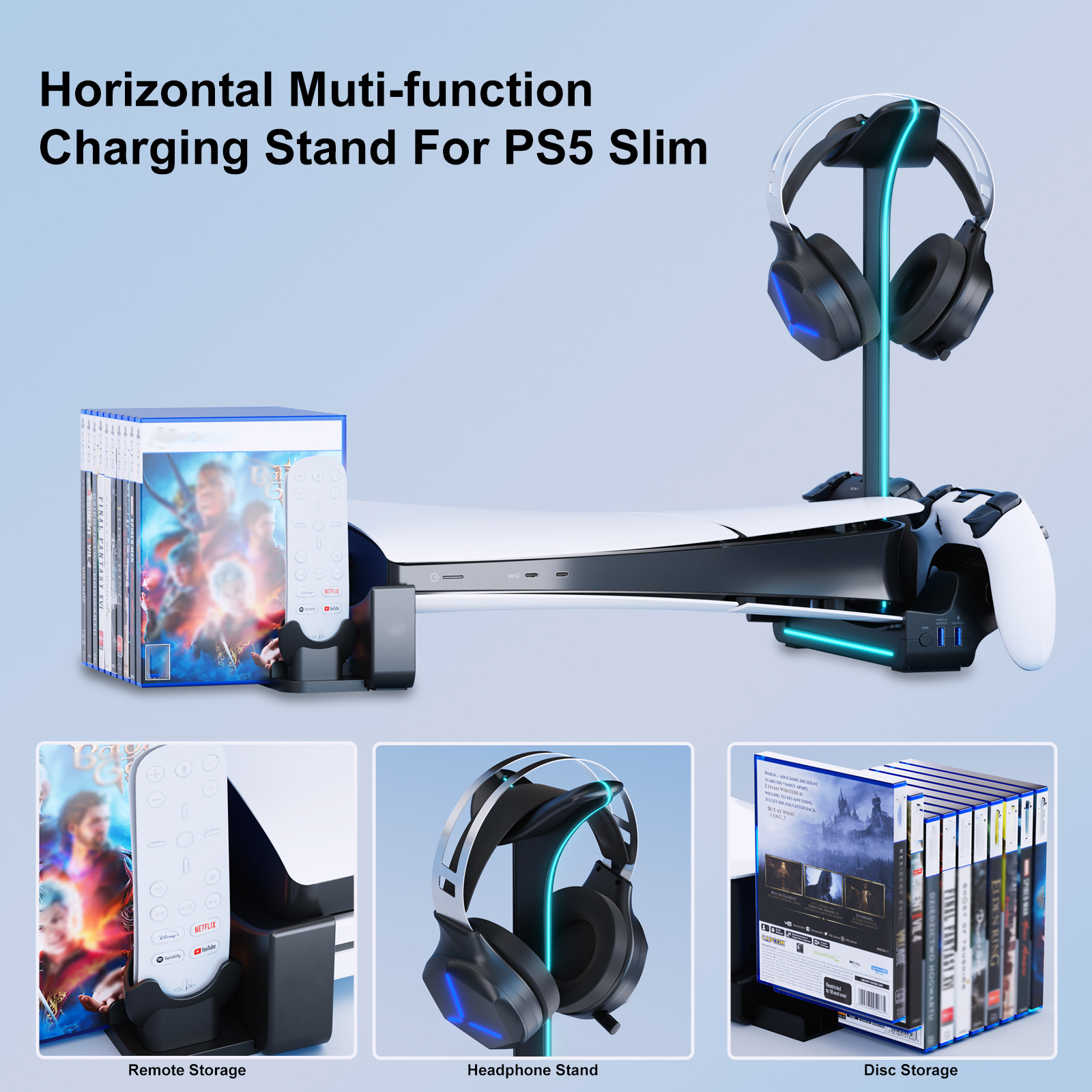 Horizontal Stand for PS5 Slim with Controller Charger, Headset Holder, USB Ports - Picture 3 of 14