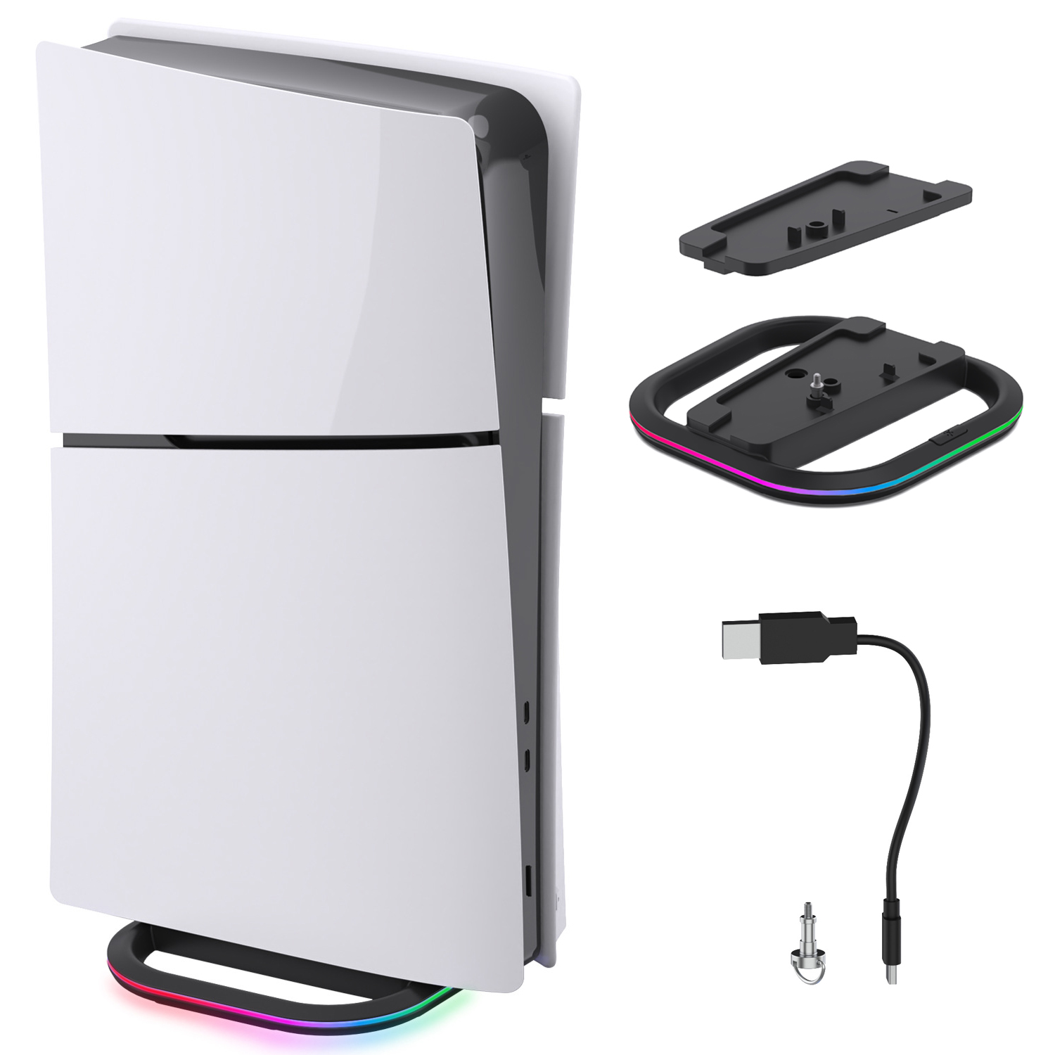 thumbnail image 1 of Soporte vertical para PS5 Slim Disc y Digital Edition Base vertical para PS5 con luces RGB Accesorios antideslizantes sencillos, 1 of 9