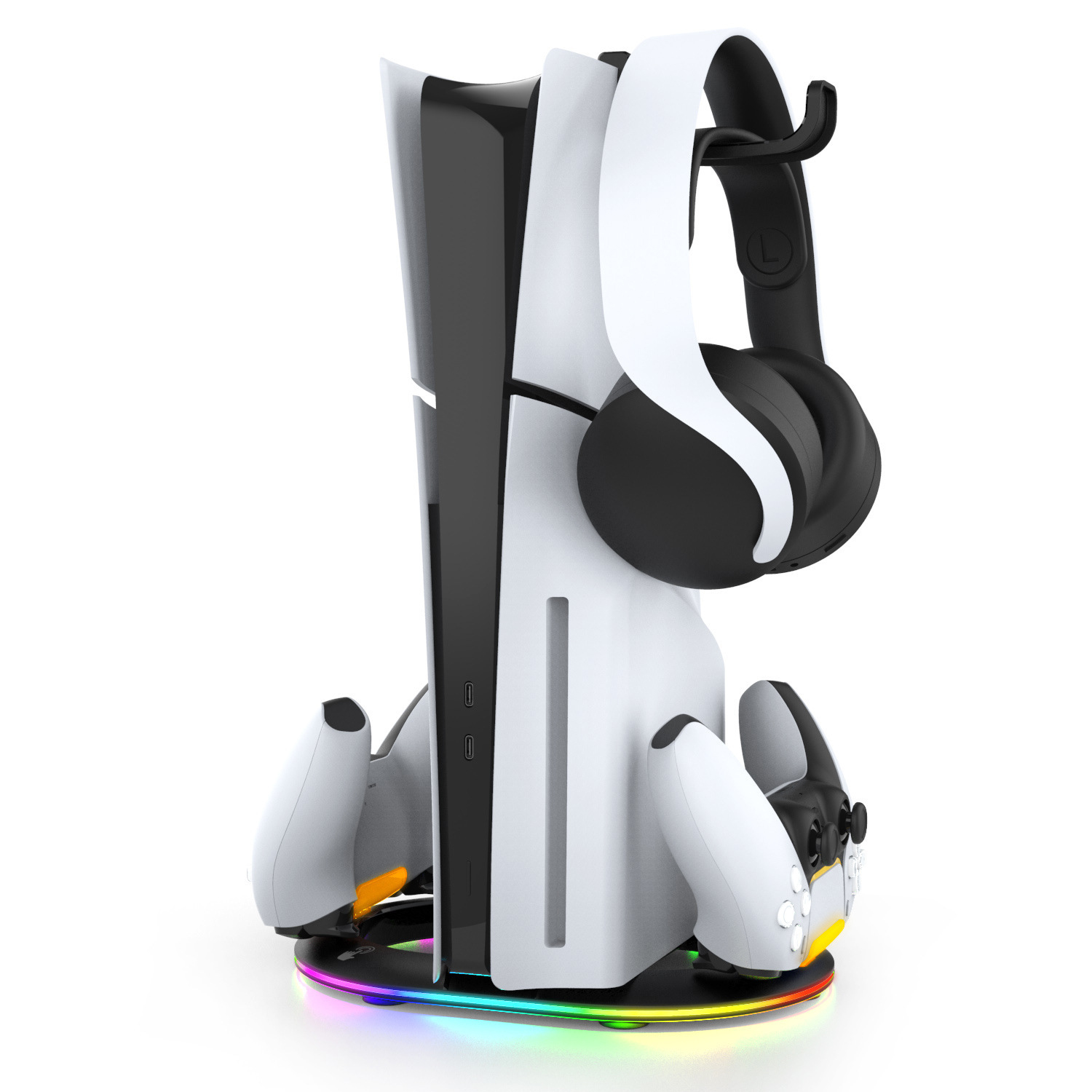 thumbnail image 1 of Soporte vertical RGB para consola PS5 Slim con base de carga para mando, gancho para auriculares y accesorio de base sencillo, 1 of 7