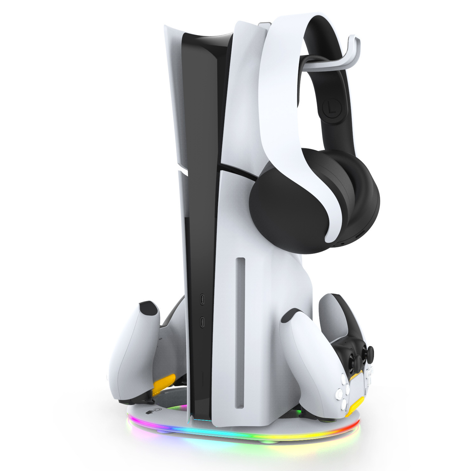 Soporte vertical RGB para consola PS5 Slim con base de carga para mando, gancho para auriculares y accesorio de base sencillo
