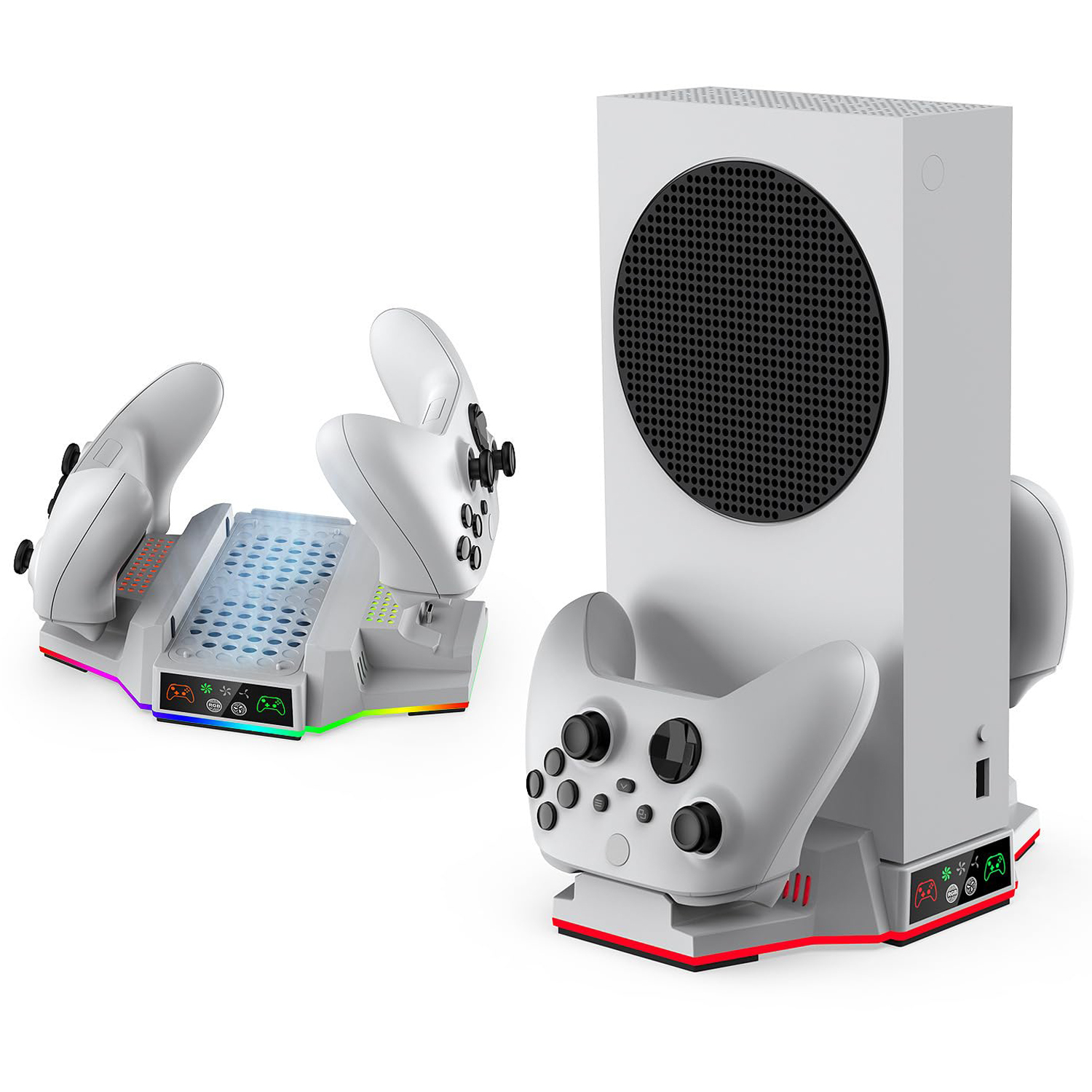 thumbnail image 1 of Soporte de refrigeración y estación de carga para Xbox Series S con luces RGB, cargador doble para mandos y ventilador de refrigeración Accesorio para consola XSS con 2 baterías recargables, 1 of 7