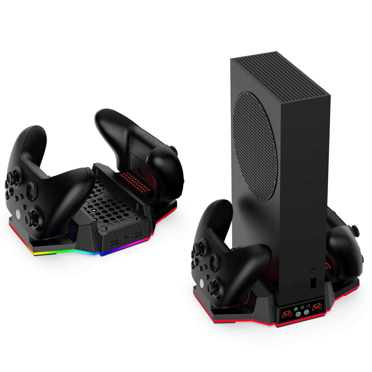 thumbnail image 1 of Soporte de refrigeración y estación de carga para Xbox Series S con luces RGB, cargador doble para mandos y ventilador de refrigeración Accesorio para consola XSS con 2 baterías recargables, 1 of 7
