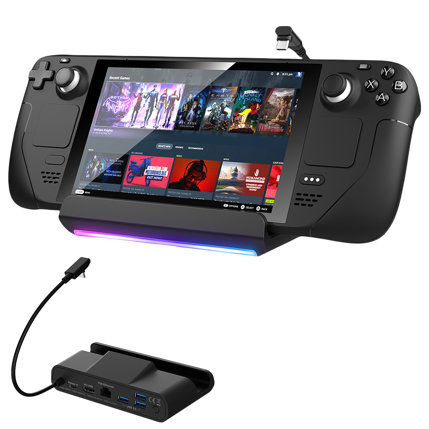 thumbnail image 1 of Estación de acoplamiento RGB para consolas de juegos ROG Ally / Steam Deck, base compatible con 4K a 60 Hz, 1000 Mbps y entrada de 100 W, 1 of 8