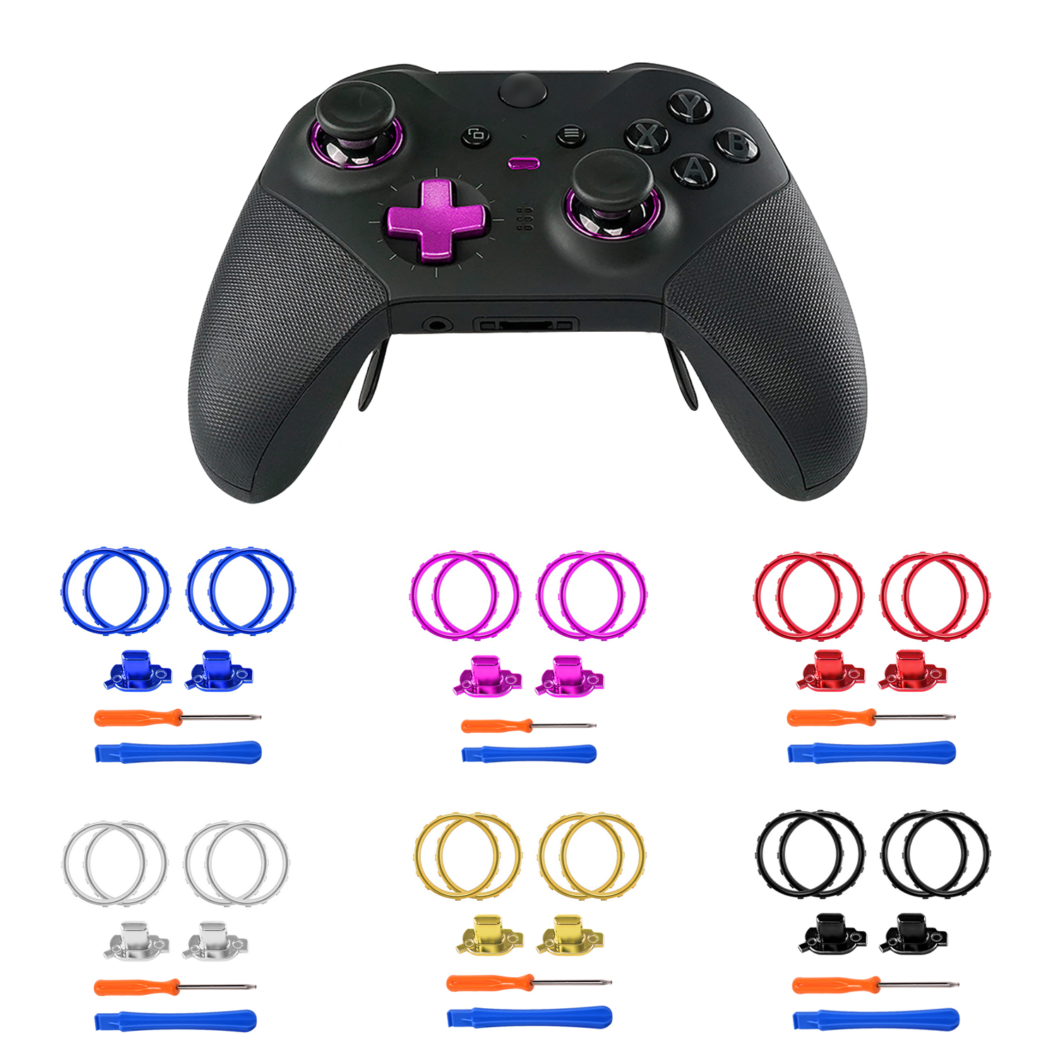 thumbnail image 1 of Botones de cambio de perfil y anillos decorativos para el mando Xbox One Elite 2 - Paquete de 2 cromados mate, 1 of 3
