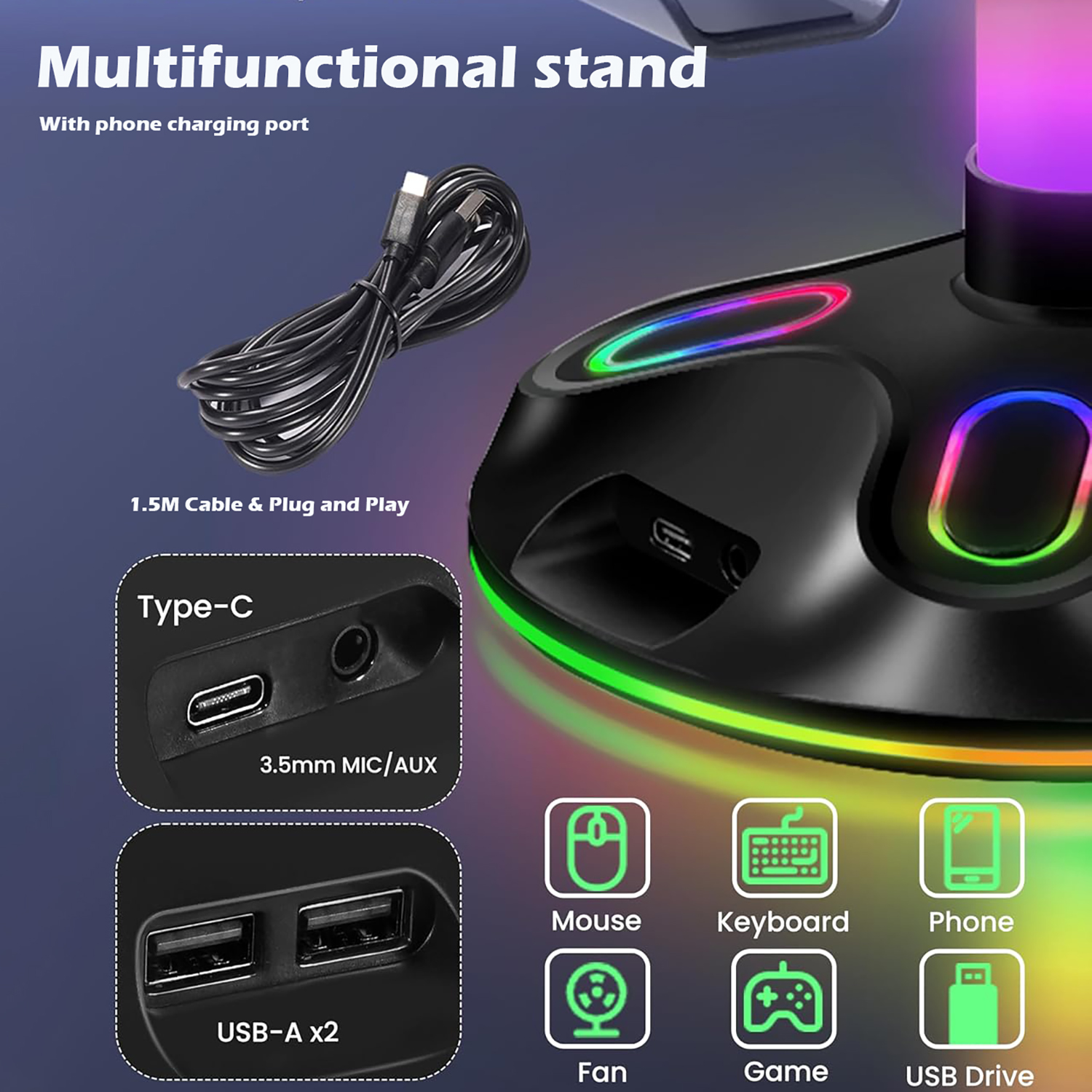 Headphone Stand for Desk, Game Controller Holder with USB & Type-C & 3.5MM Port - Picture 4 of 6