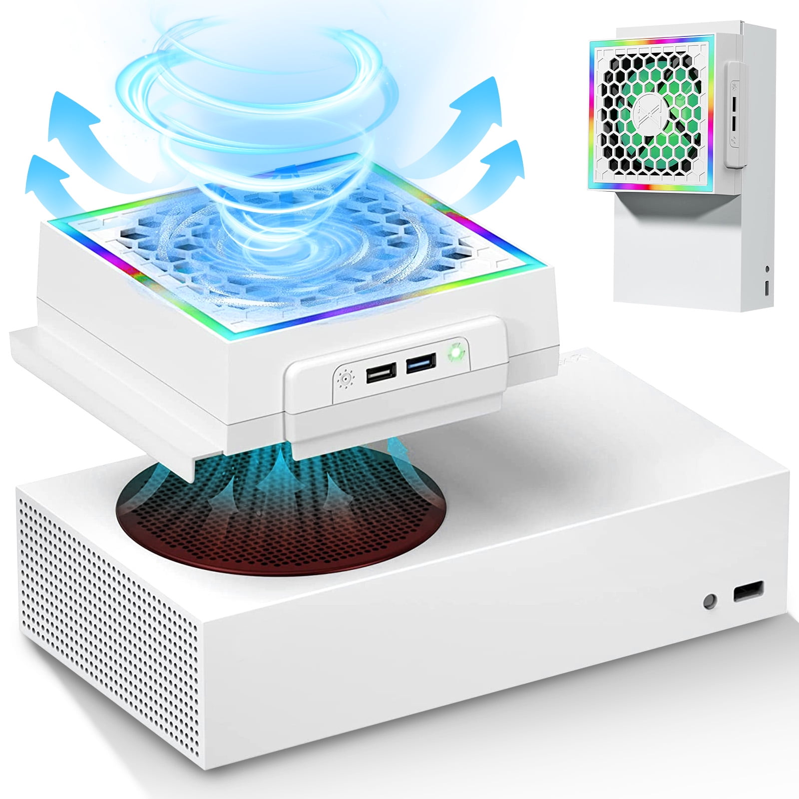 Ventilador de refrigeración apto para Xbox Series S, soporte de refrigeración horizontal/vertical con 7 tipos de modos de luz RGB, ventilador de refrigeración externo de bajo ruido