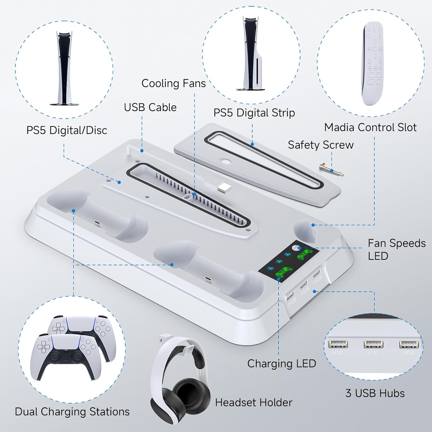 Soporte de estación de enfriamiento para PS5 Slim/PS5 con controlador de carga ventilador de enfriamiento - Imagen 14 de 26