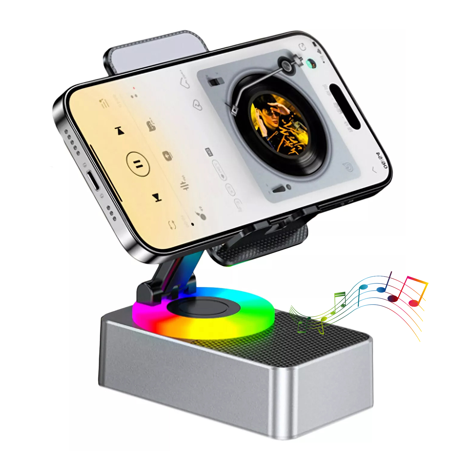 thumbnail image 1 of Soporte para teléfono móvil con altavoz Bluetooth inalámbrico, batería externa de 1500 mAh y base de carga plegable, 1 of 6