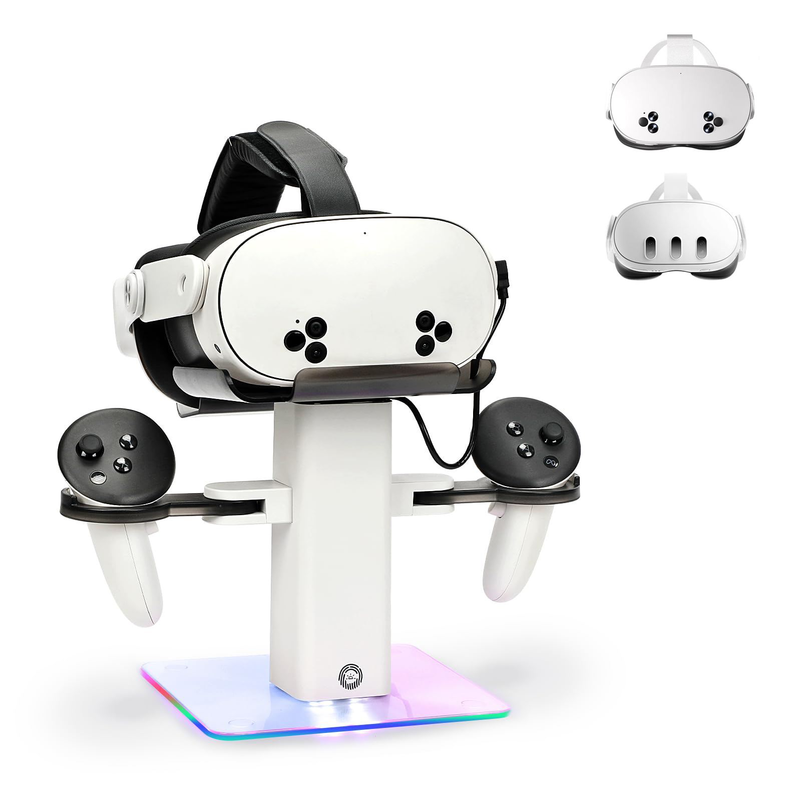 Soporte para casco de realidad virtual Meta Quest 3S/3/2: soporte de almacenamiento estable con base RGB para guardar los mandos de forma segura