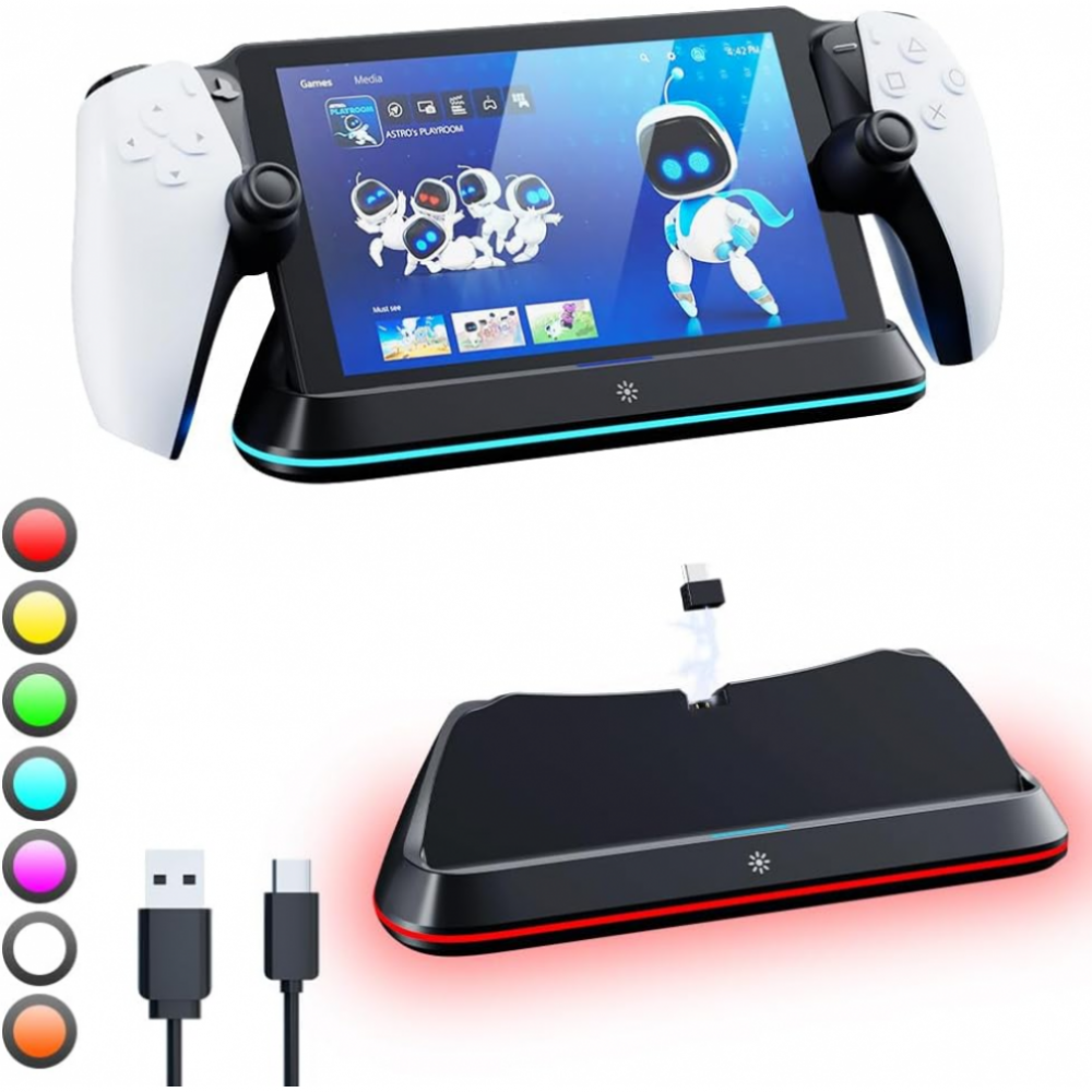 Soporte de carga para PlayStation Portal, soporte PS Portal con 7 modos de luz RGB, estación de carga portátil PS5 Portal con conector magnético y cable de carga USB-C