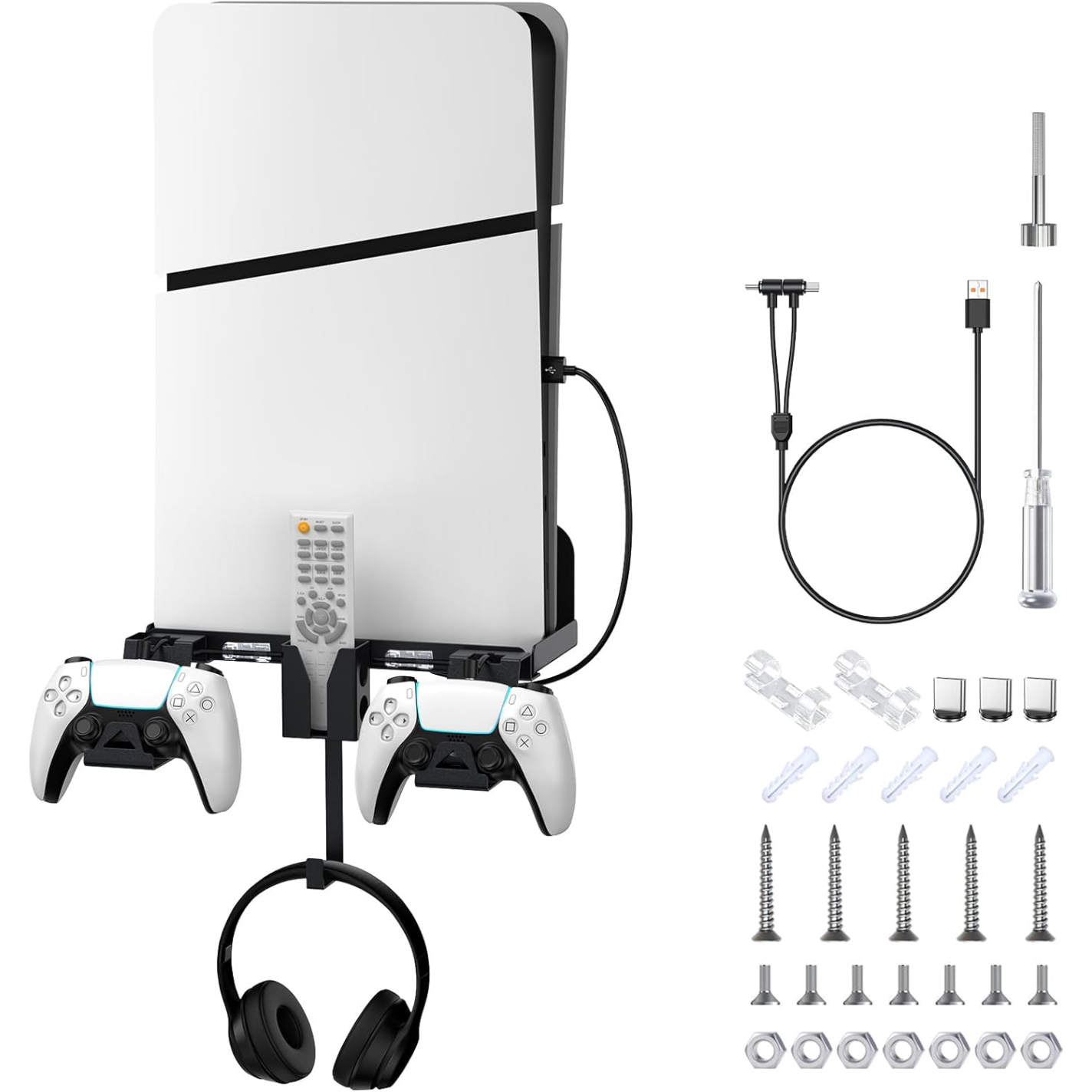Kit de montaje en pared 6 en 1 para PS5 Silm compatible con la consola Playstation 5 Silm (edición Disc y Digital) con cable de carga magnético y soporte desmontable para mando