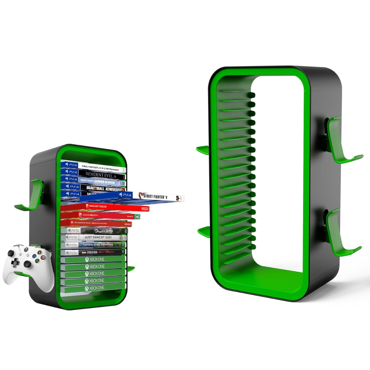 thumbnail image 1 of 15,8 Torre de almacenamiento para videojuegos compatible con PS5/Xbox/Switch, organizador universal de discos de videojuegos 18 en 1 con 4 soportes para mandos, 1 of 9