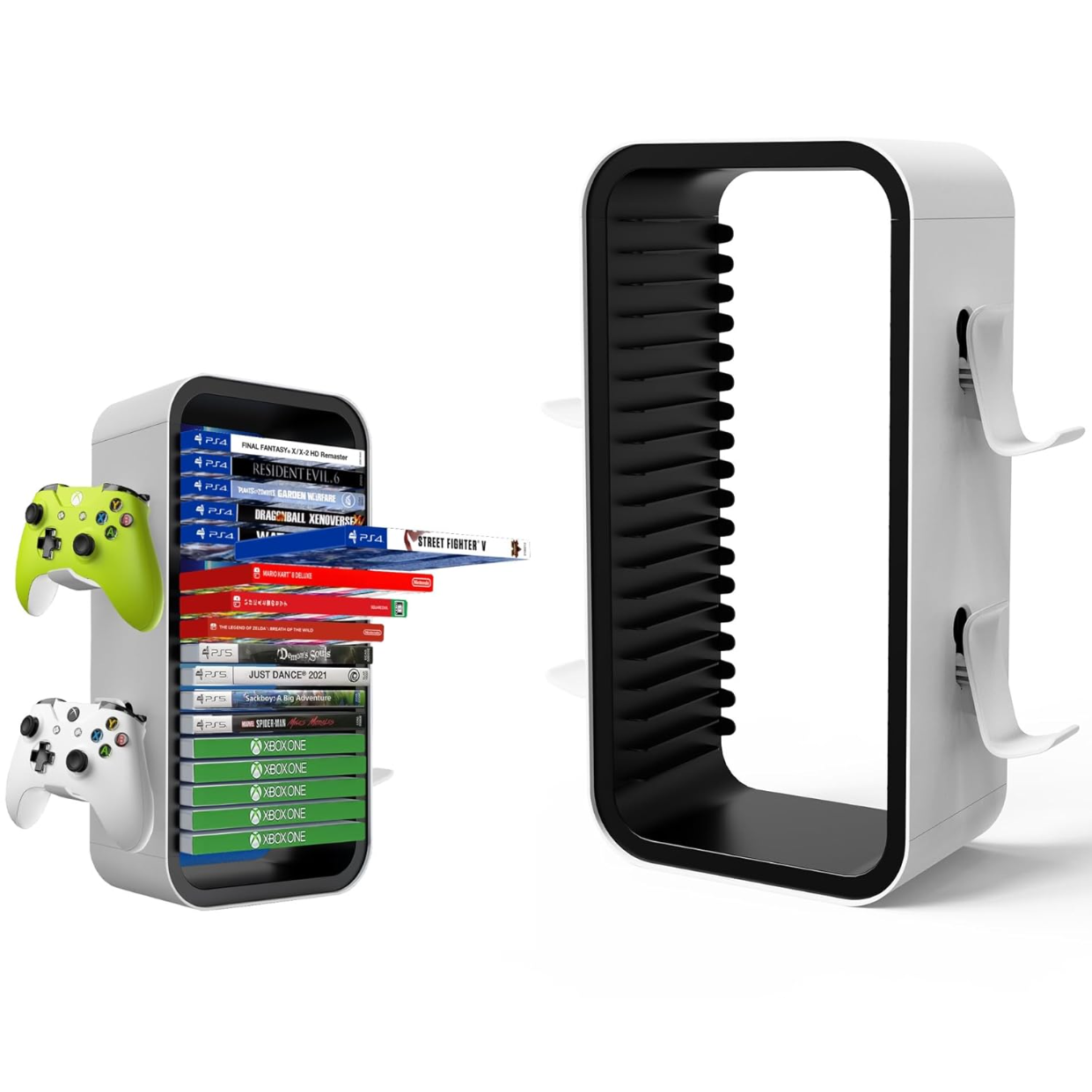 thumbnail image 1 of 15,8 Torre de almacenamiento para videojuegos compatible con PS5/Xbox/Switch, organizador universal de discos de videojuegos 18 en 1 con 4 soportes para mandos, 1 of 7