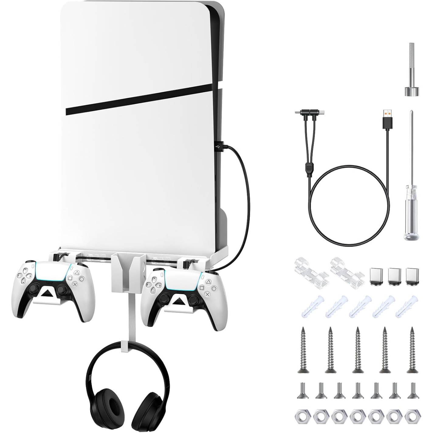 Kit de montaje en pared 6 en 1 para PS5 Silm compatible con la consola Playstation 5 Silm (edición Disc y Digital) con cable de carga magnético y soporte desmontable para mando
