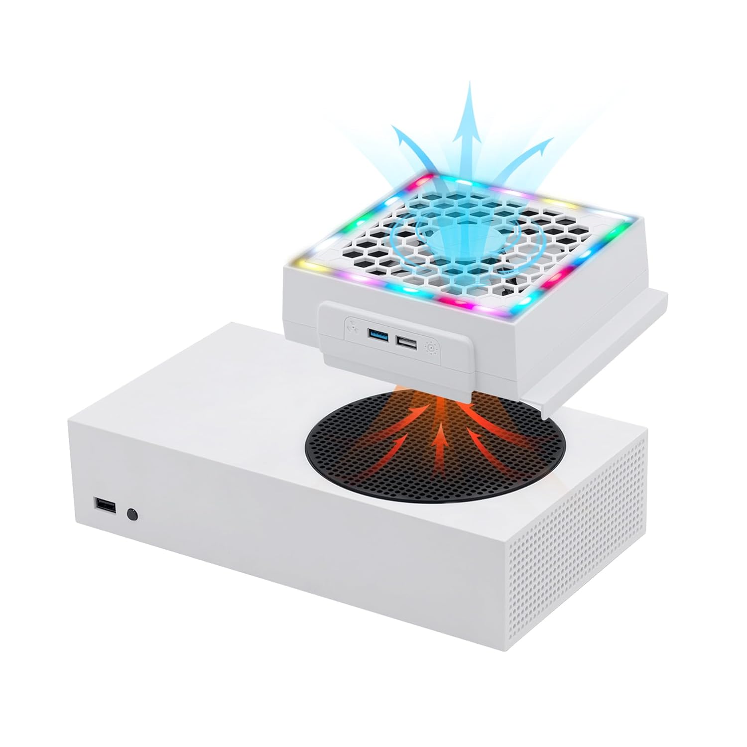 thumbnail image 1 of Ventilador de refrigeración para consola Xbox Series S: pantalla LED RGB, bajo nivel de ruido, incluye 2 puertos USB adicionales, refrigerador externo con 3 niveles de velocidad ajustables, 1 of 8