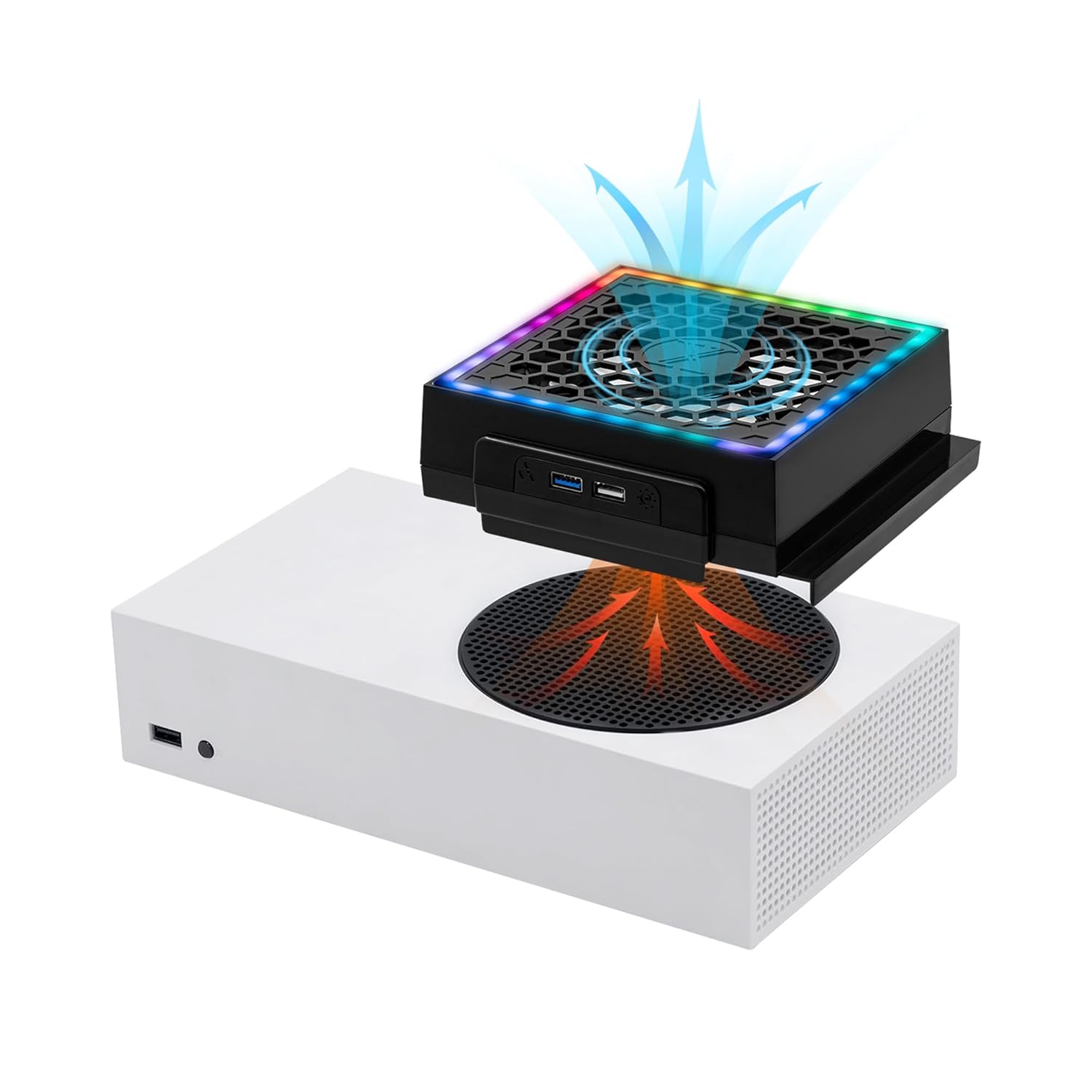 thumbnail image 1 of Ventilador de refrigeración para consola Xbox Series S: pantalla LED RGB, bajo nivel de ruido, incluye 2 puertos USB adicionales, refrigerador externo con 3 niveles de velocidad ajustables, 1 of 8