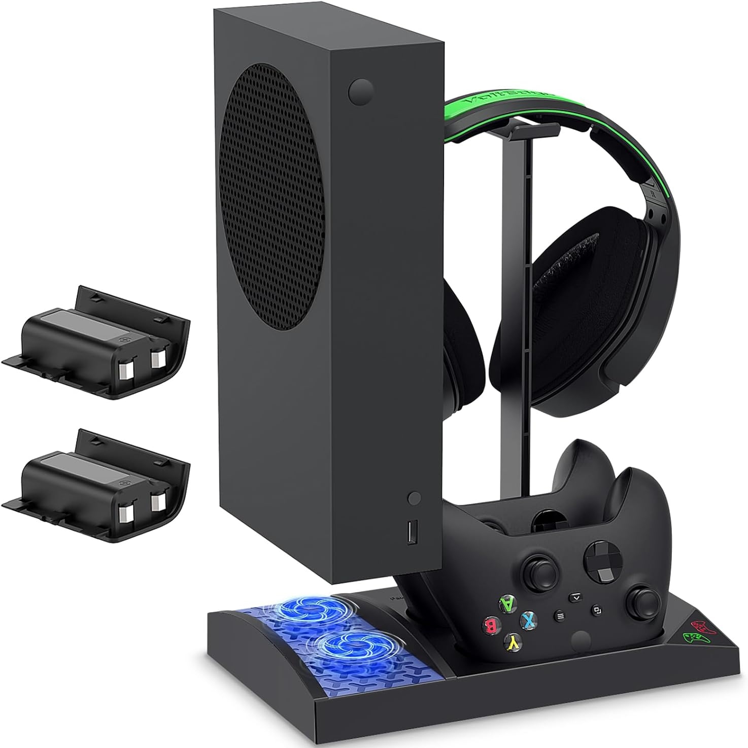 Soporte vertical con ventilador de refrigeración para Xbox Series S, con estación de carga doble para mandos, 2 baterías recargables de 1400 mAh y soporte para auriculares