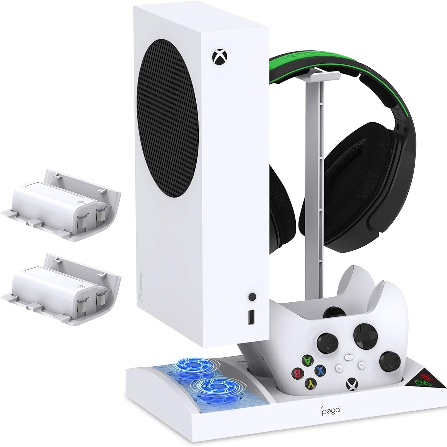 Soporte vertical con ventilador de refrigeración para Xbox Series S, con estación de carga doble para mandos, 2 baterías recargables de 1400 mAh y soporte para auriculares