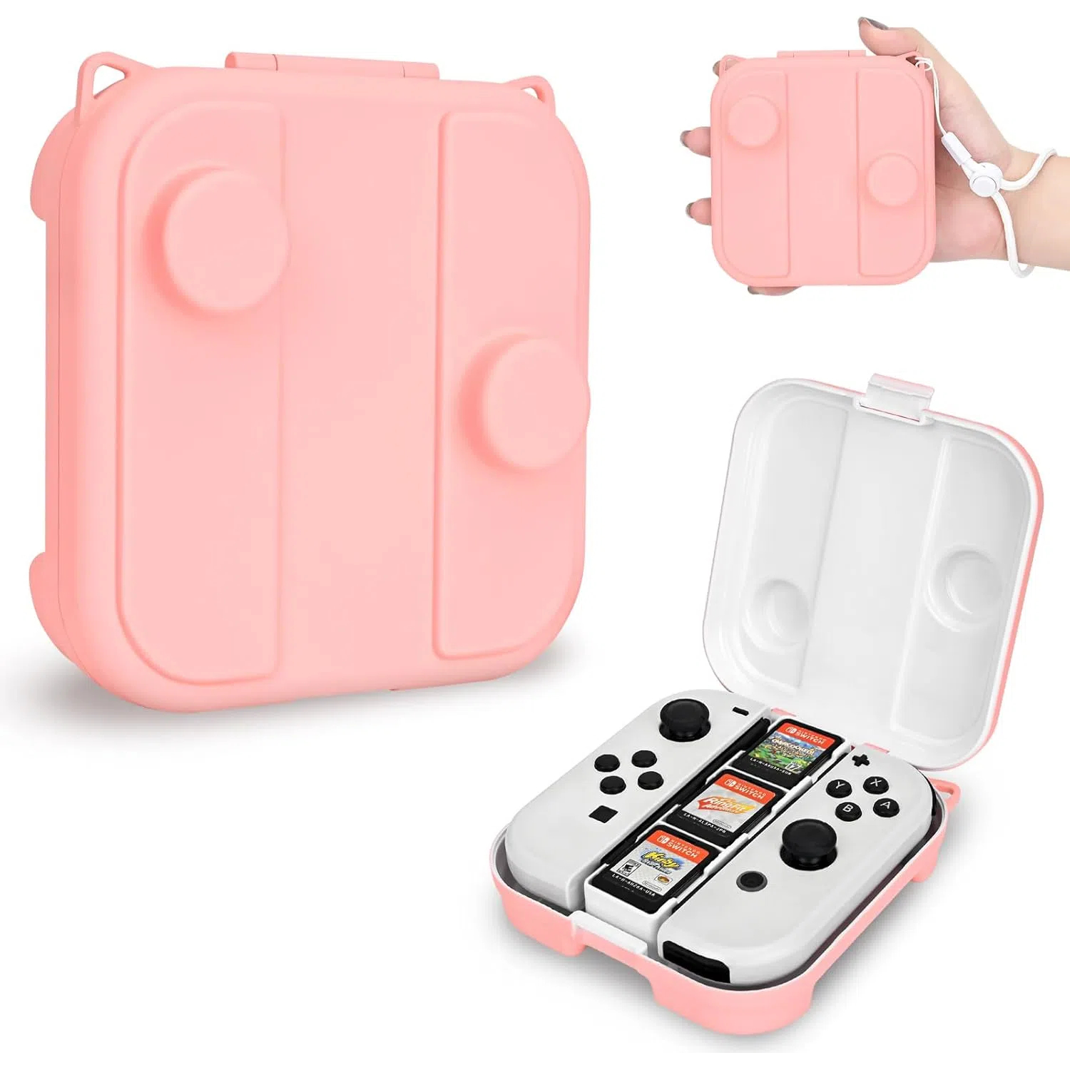 Estuche portátil para guardar Joycons para Nintendo Switch/OLED, diseño con gancho para gatos, caja protectora de transporte con ranuras para tarjetas de juego y cordón - para mandos de juego
