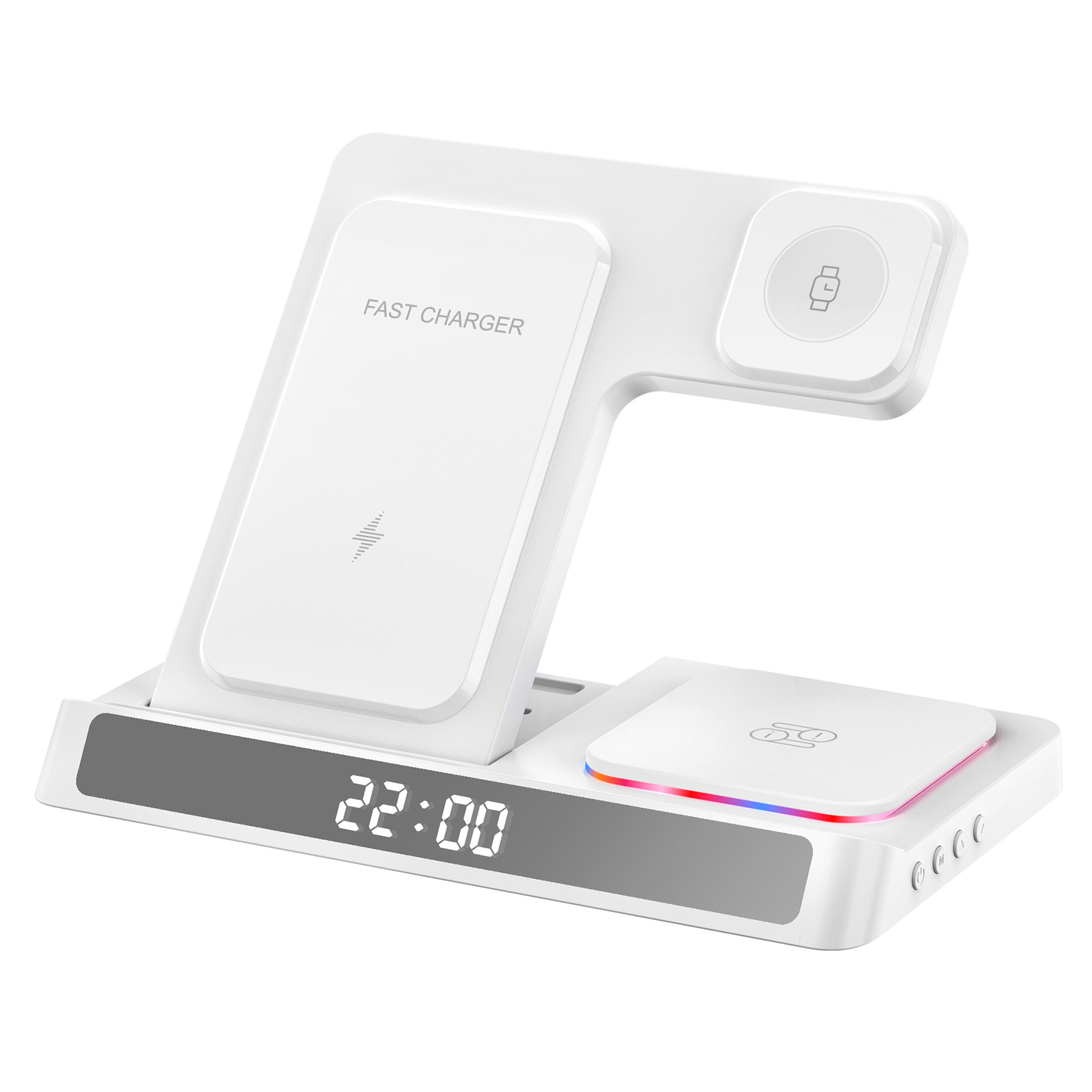 thumbnail image 1 of Reloj despertador digital 5 en 1 con carga inalámbrica para iPhone, estación de carga plegable compatible con AirPods Pro, 1 of 5