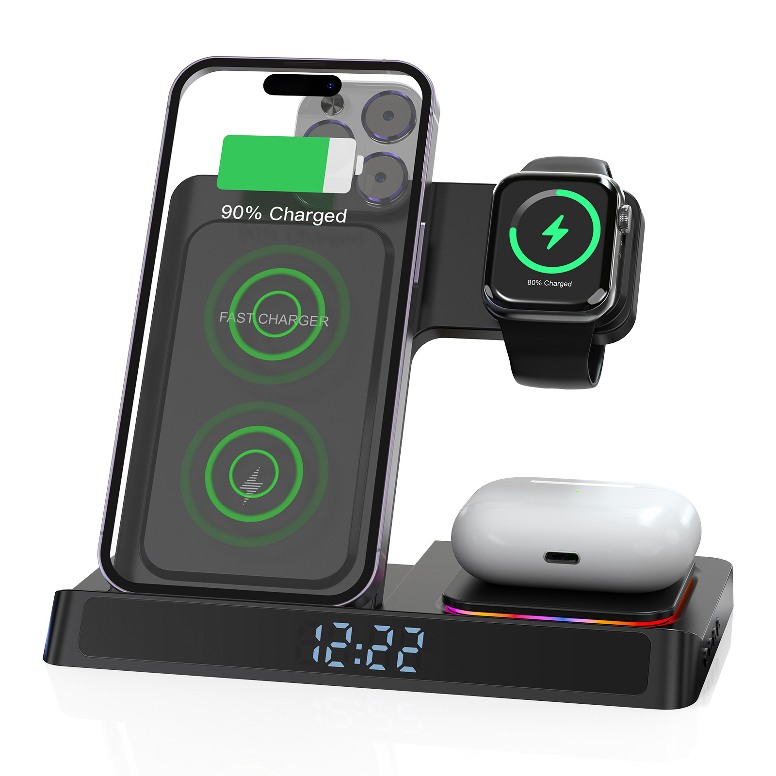 Reloj despertador digital 5 en 1 con carga inalámbrica para iPhone, estación de carga plegable compatible con AirPods Pro