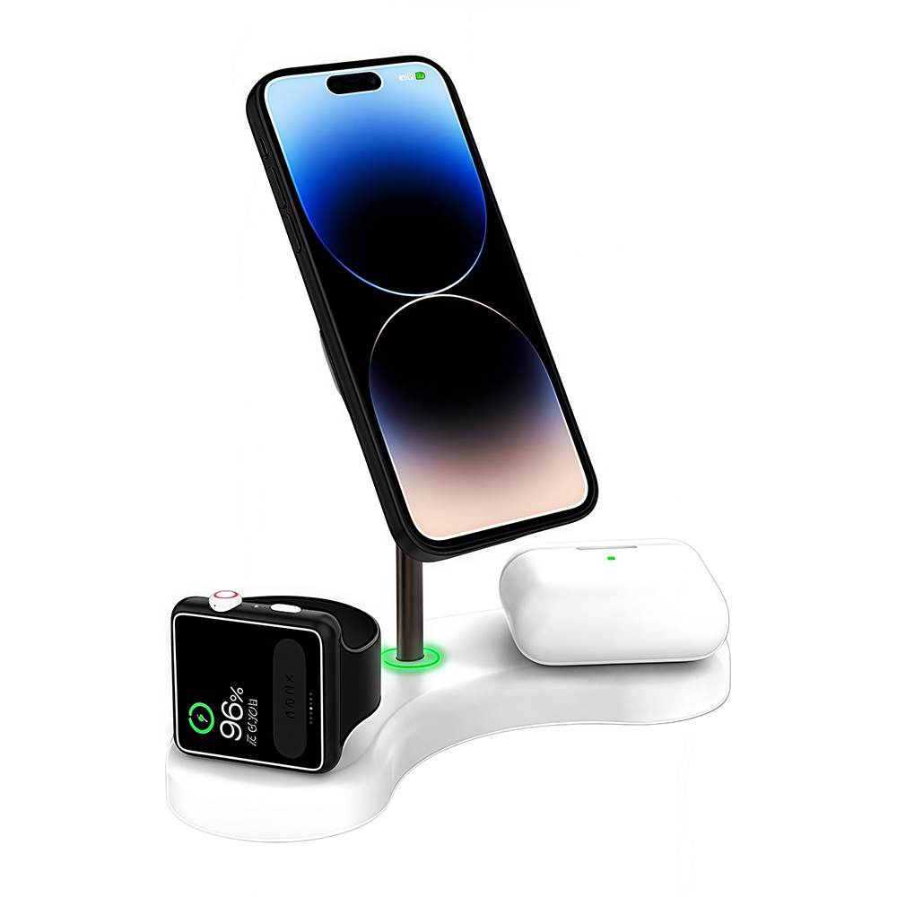 thumbnail image 1 of Cargador inalámbrico magnético 3 en 1 con carga rápida de 15 W, rotación de 360° y soporte para teléfonos inteligentes, 1 of 8