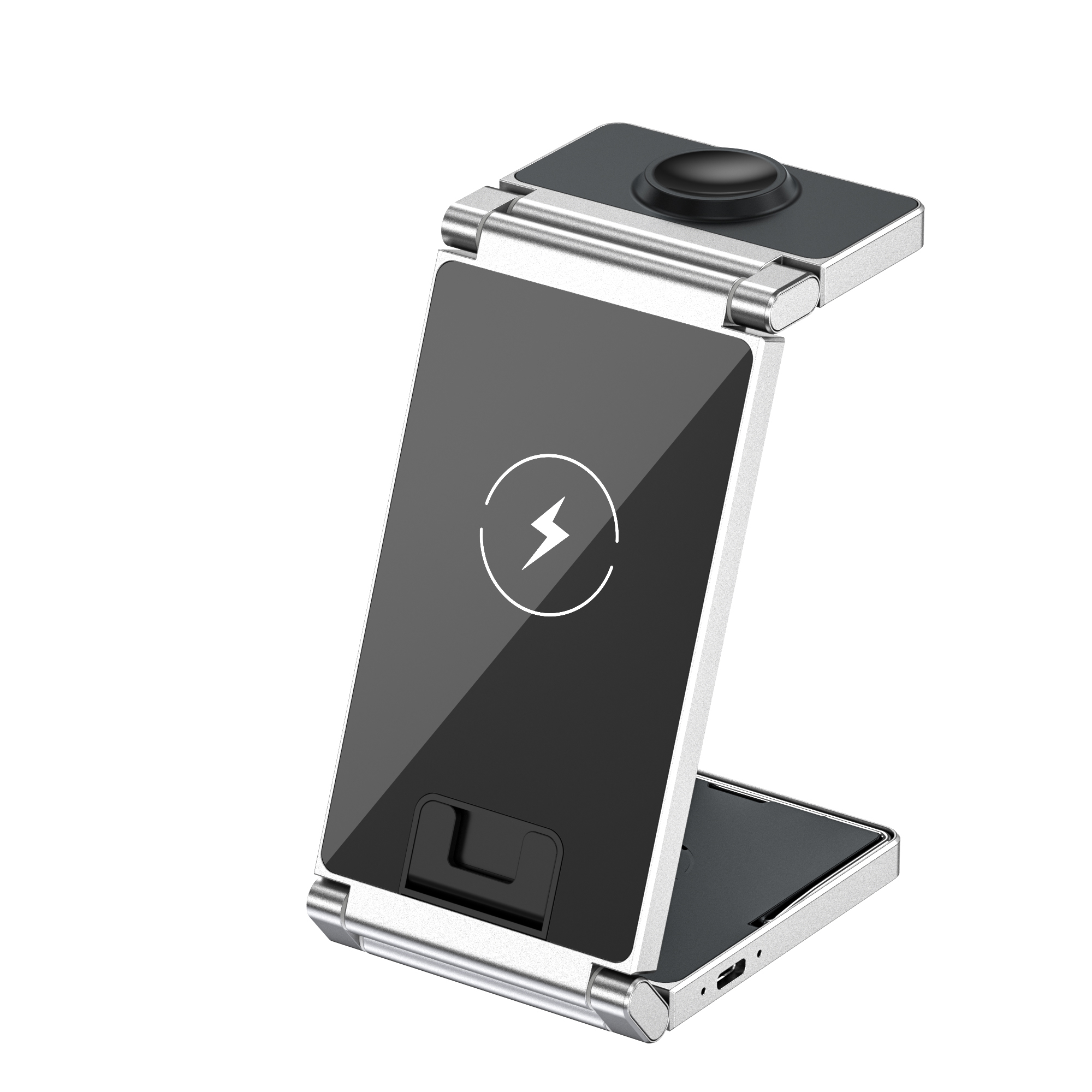 Cargador inalámbrico 3 en 1 plegable de diseño metálico para escritorio, compatible con iPhone/AirPods/iWatch, carga rápida y adaptación inteligente de corriente