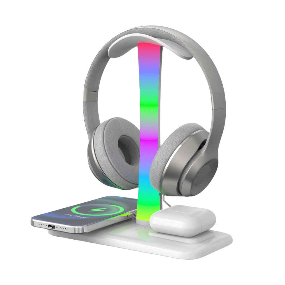 Soporte para auriculares 4 en 1 con cargador inalámbrico de 15 W para AirPods Max/Pro, iOS Watch y auriculares