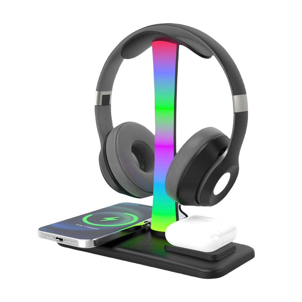 thumbnail image 1 of Soporte para auriculares 4 en 1 con cargador inalámbrico de 15 W para AirPods Max/Pro, iOS Watch y auriculares, 1 of 7