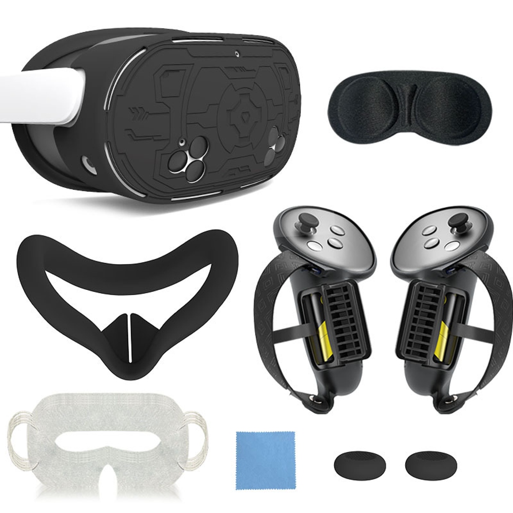 thumbnail image 1 of Kit de accesorios para casco de realidad virtual 7 en 1 para Meta Quest 3: empuñaduras para mandos, correa para la mano, cubierta facial de silicona y juego de protectores para lentes, 1 of 5