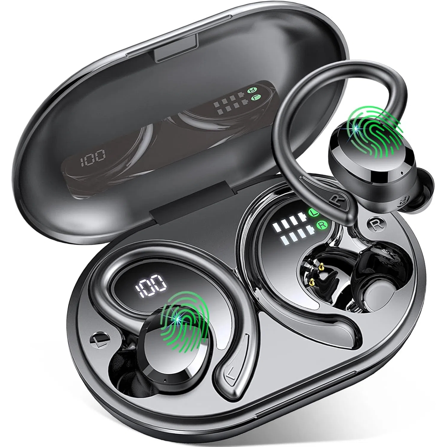 Auriculares inalámbricos Bluetooth 5.4 Hi-Fi Bass Stereo 56H con cancelación de ruido IPX7 resistentes al agua Auriculares deportivos con gancho para la oreja