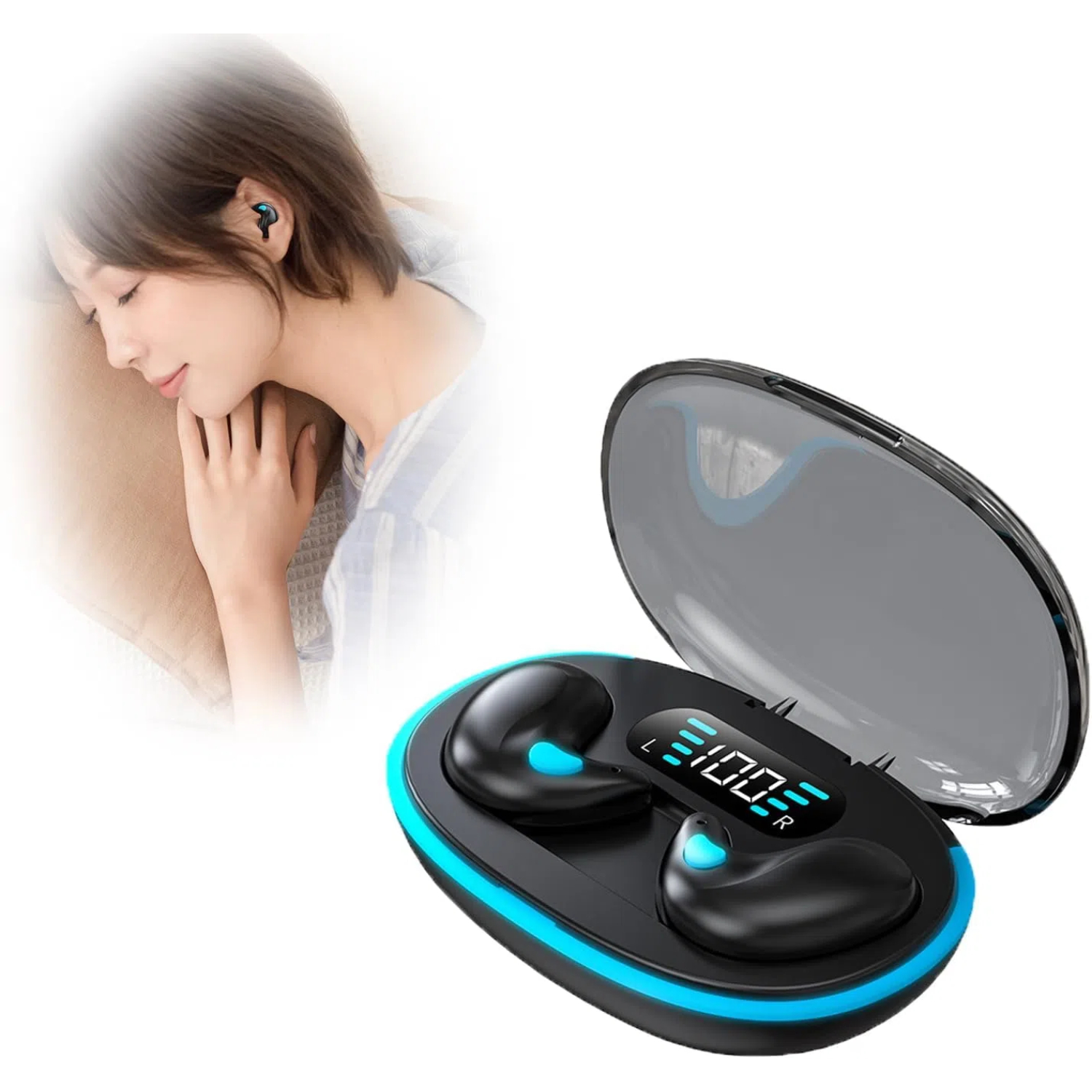 thumbnail image 1 of Auriculares inalámbricos para dormir con conducción ósea Bluetooth 5.3 con cancelación de ruido, pantalla LED digital y estuche de carga para deportes y fitness, 1 of 6