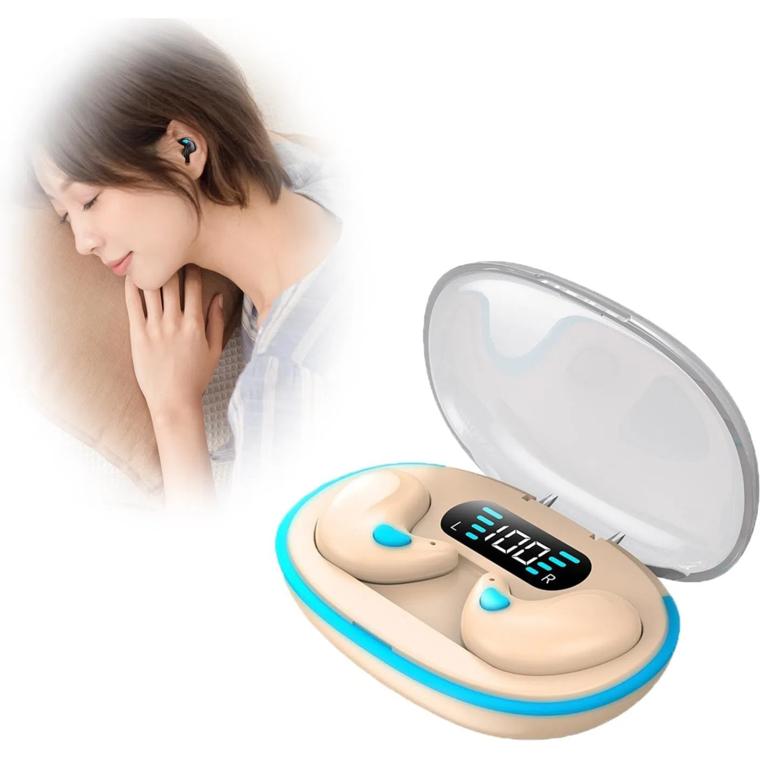 Auriculares inalámbricos para dormir con conducción ósea Bluetooth 5.3 con cancelación de ruido, pantalla LED digital y estuche de carga para deportes y fitness