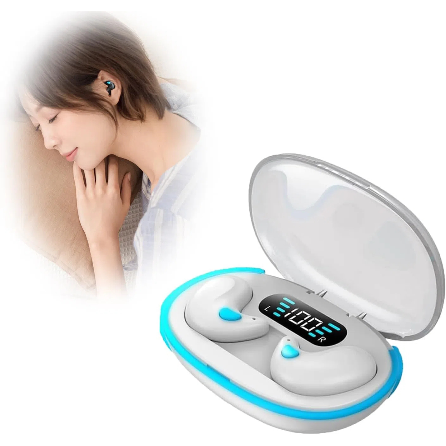 thumbnail image 1 of Auriculares inalámbricos para dormir con conducción ósea Bluetooth 5.3 con cancelación de ruido, pantalla LED digital y estuche de carga para deportes y fitness, 1 of 6