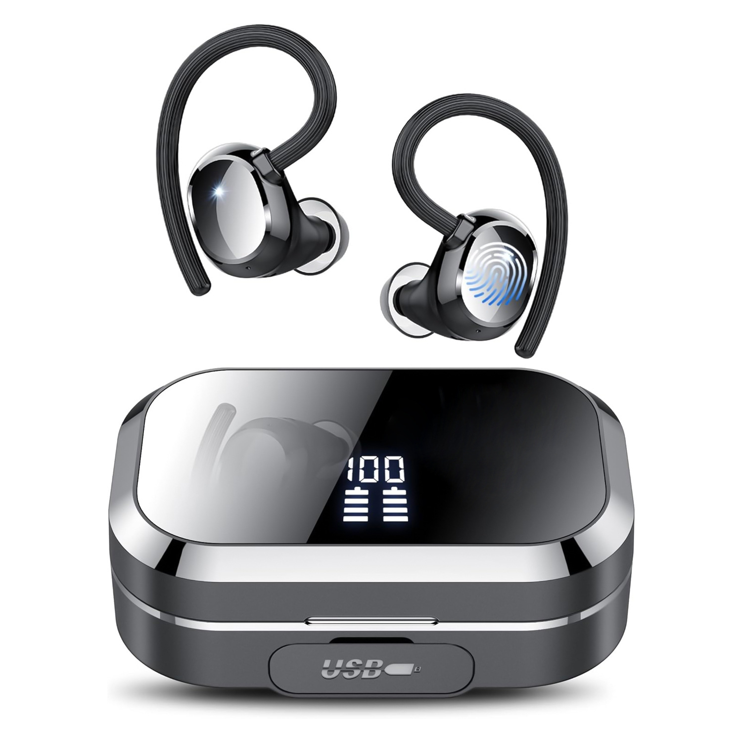 thumbnail image 1 of Auriculares inalámbricos 120 horas Bluetooth 5.3 con micrófono con cancelación de ruido ENC Sonido estéreo con graves Diseño con gancho para la oreja resistente al agua, 1 of 8