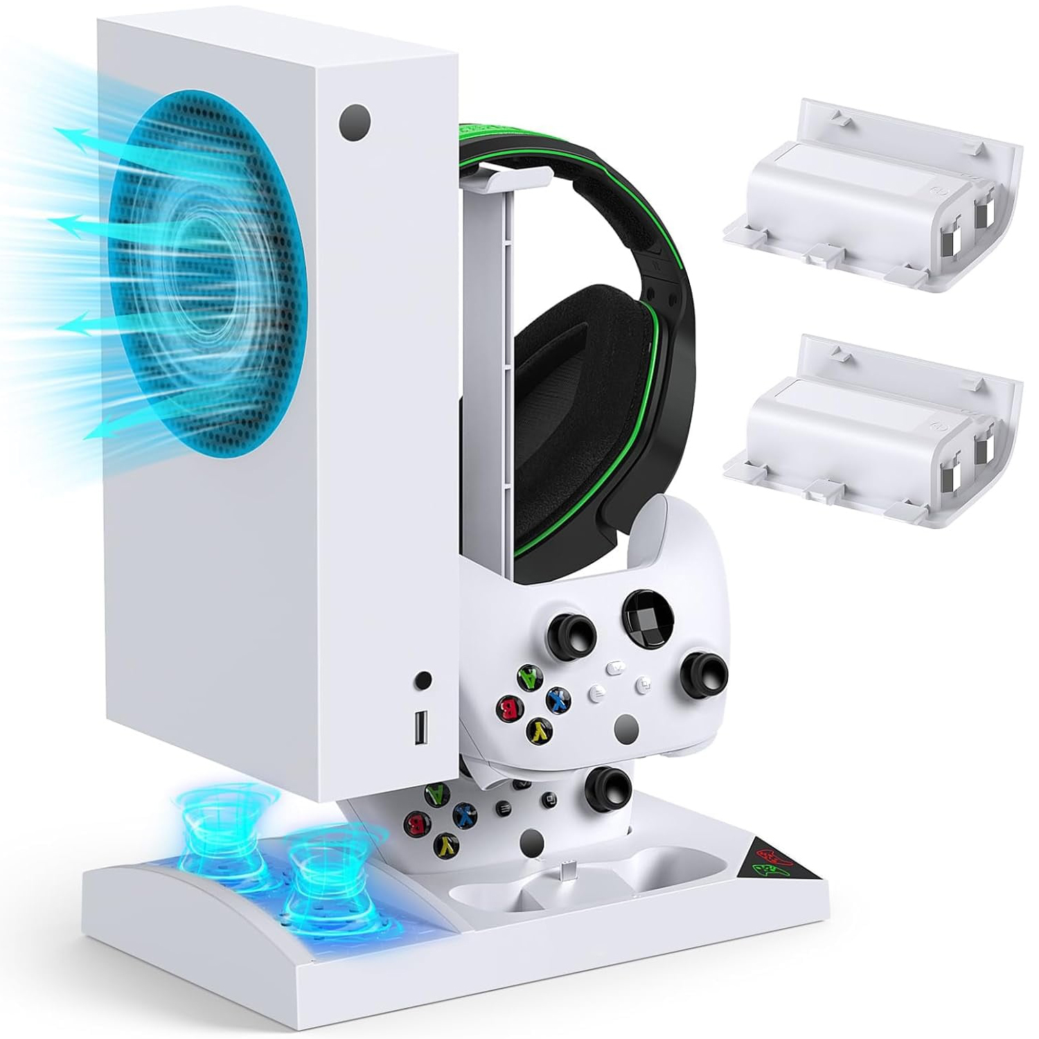 Soporte vertical con ventilador para mandos de videojuegos, base de carga, batería de 1400 mAh y funda para Xbox Series S