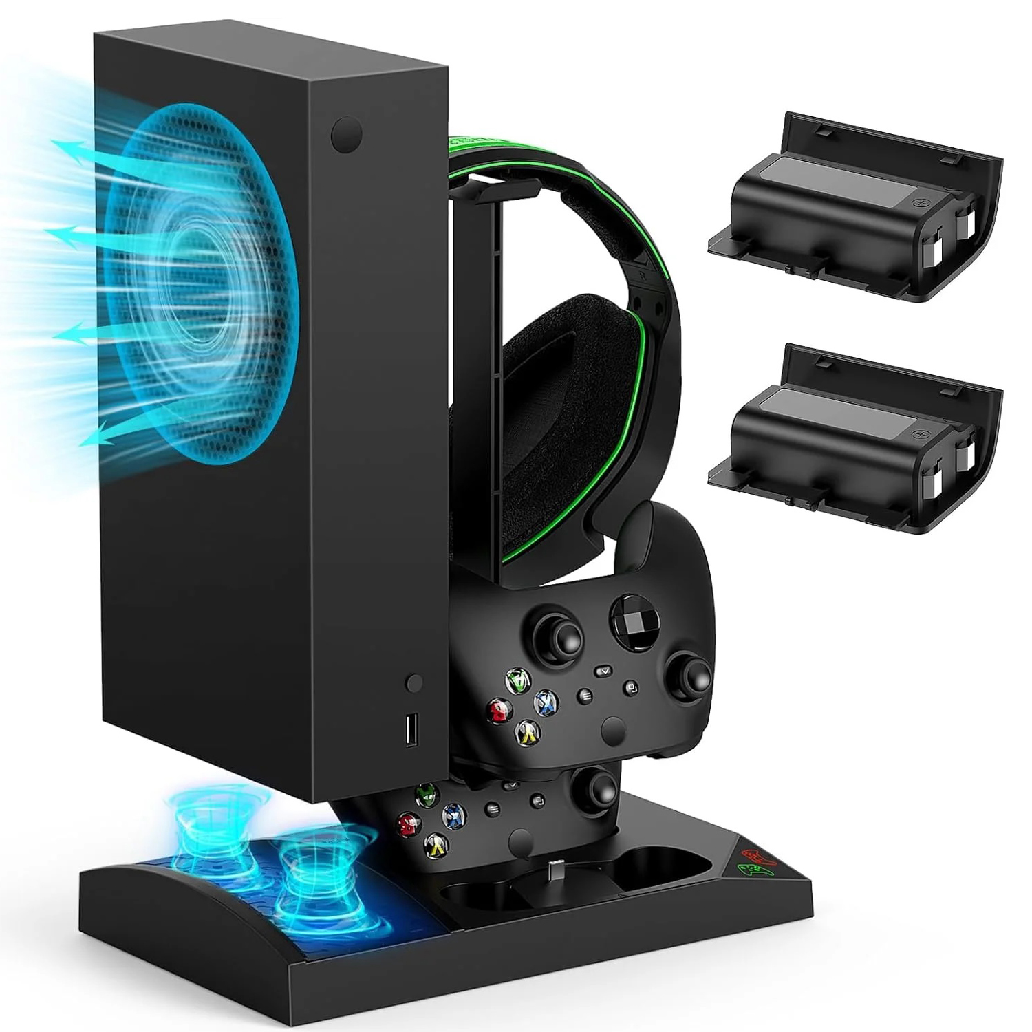 Soporte vertical con ventilador para mandos de videojuegos, base de carga, batería de 1400 mAh y funda para Xbox Series S