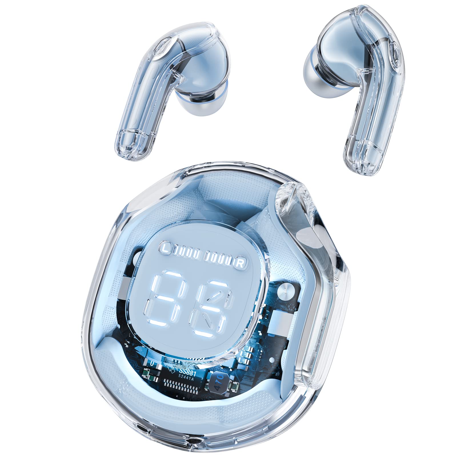 thumbnail image 1 of Auriculares inalámbricos Bluetooth 5.3 Auriculares con pantalla LED de encendido auriculares intrauditivos Crystal con estuche de carga inalámbrica Control táctil Micrófono integrado, 1 of 8