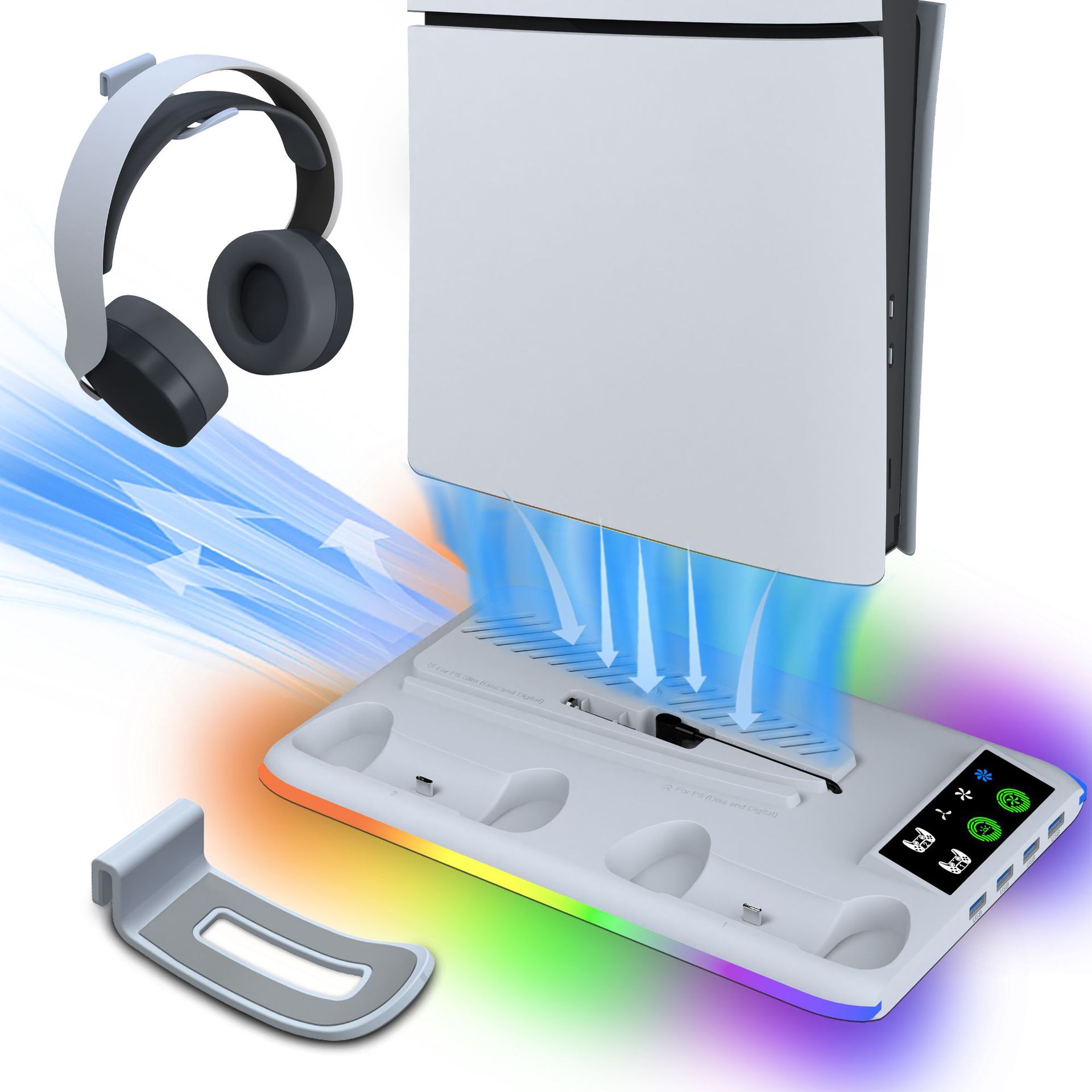 thumbnail image 1 of Estación de refrigeración para PS5/PS5 Slim con ventilador de 3 velocidades, base de carga RGB, cargador para mandos y soporte vertical que ahorra espacio, 1 of 6