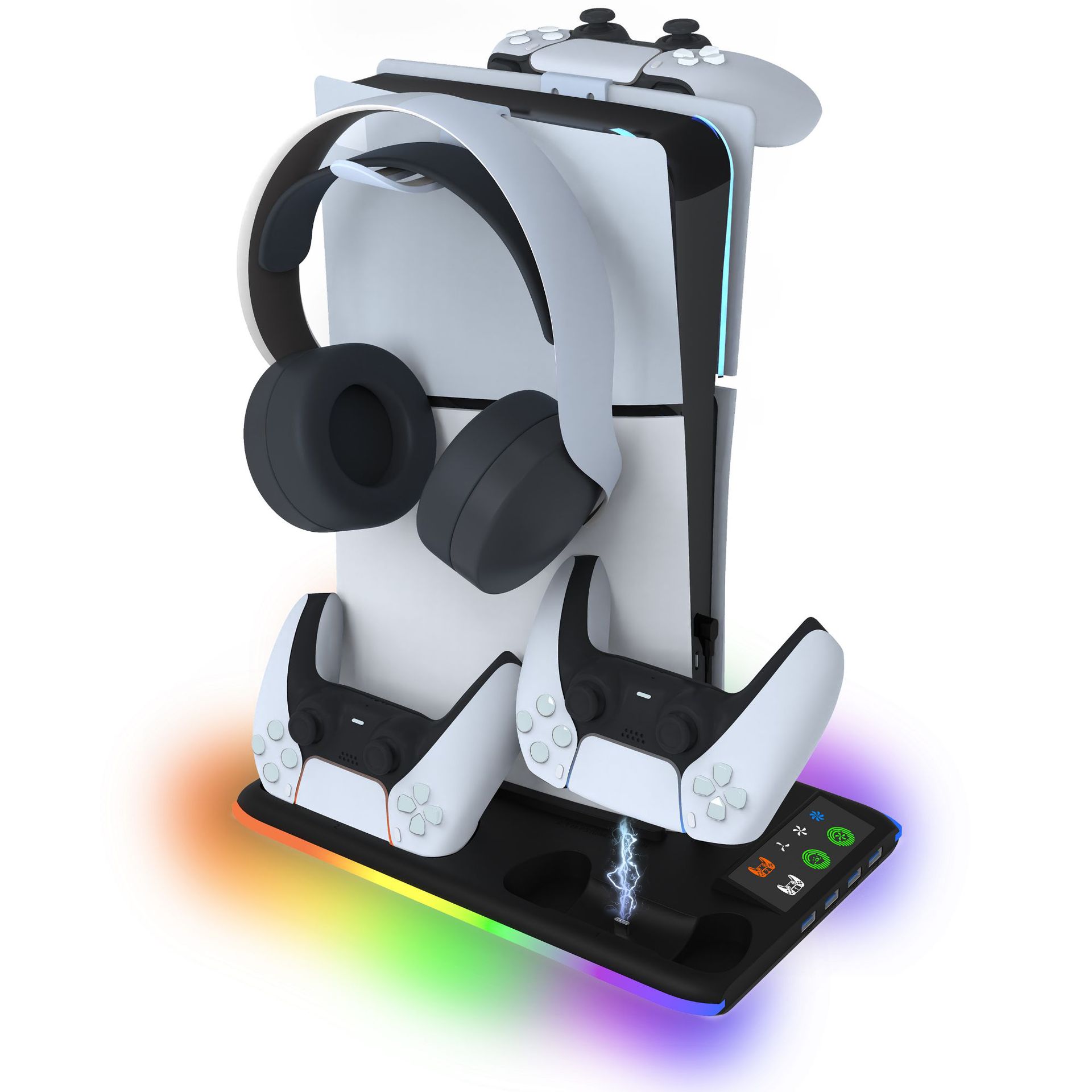 Estación de refrigeración para PS5/PS5 Slim con ventilador de 3 velocidades, base de carga RGB, cargador para mandos y soporte vertical que ahorra espacio