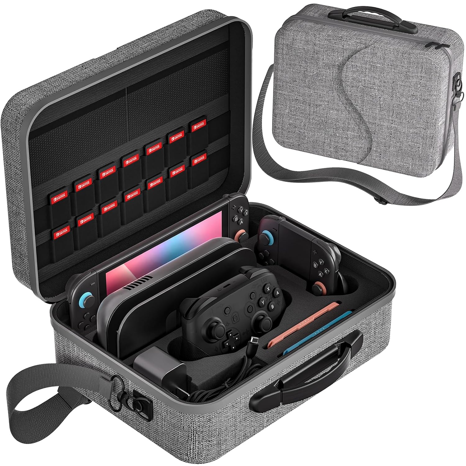 thumbnail image 1 of Estuche de viaje rígido portátil para Nintendo Switch 2 con 18 ranuras para tarjetas de juego, bolsa impermeable con protección total para accesorios de juego, 1 of 9
