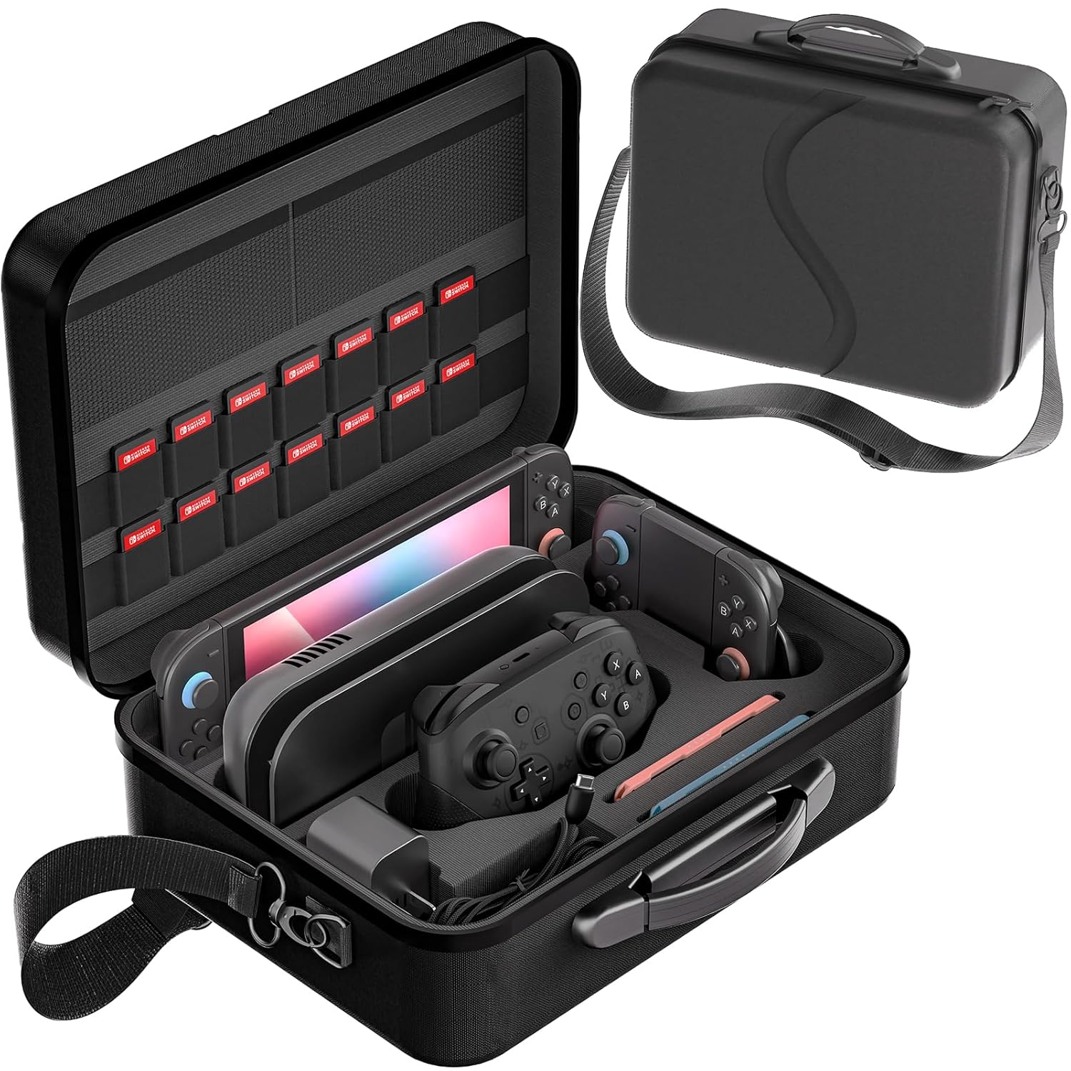 thumbnail image 1 of Estuche de viaje rígido portátil para Nintendo Switch 2 con 18 ranuras para tarjetas de juego, bolsa impermeable con protección total para accesorios de juego, 1 of 9