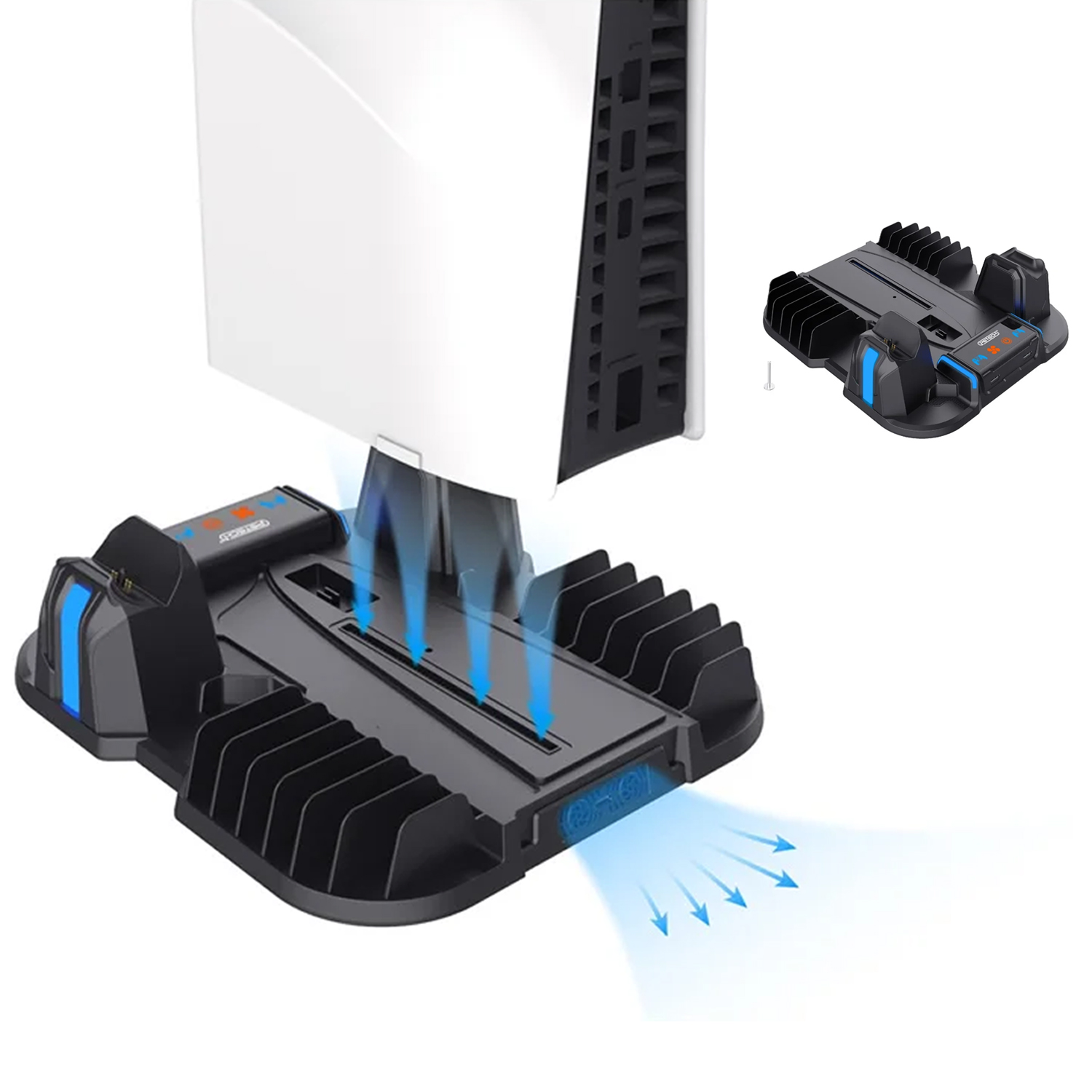 Soporte refrigerador multifunción para PS5 Pro y PS5 Slim, base de carga para mandos y estante para guardar discos de juegos