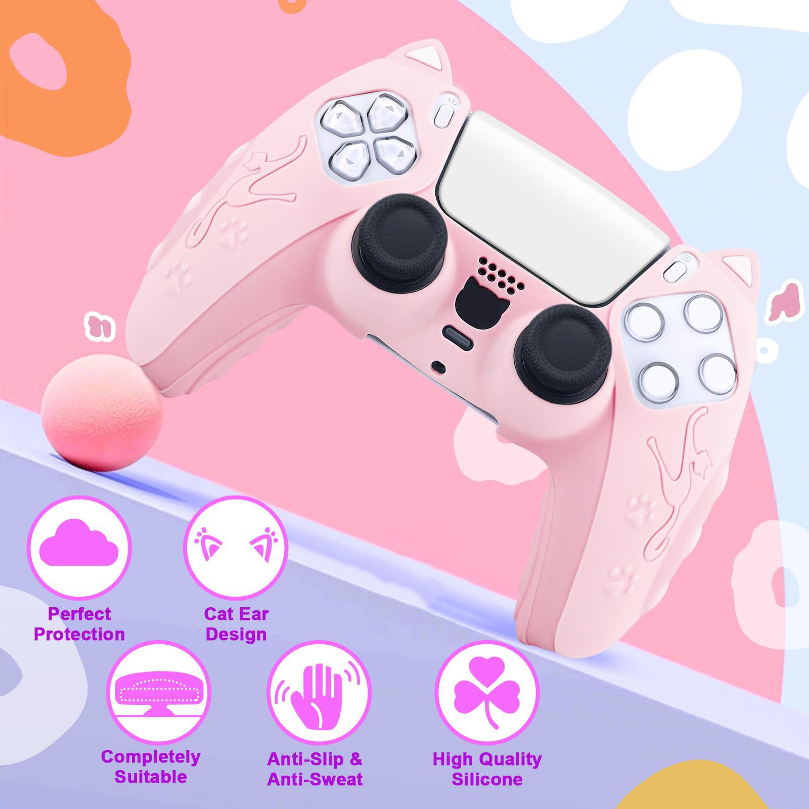 Silicone Case Compatible with PS5 Game Controller with Anti-Slip Cat Ear Design