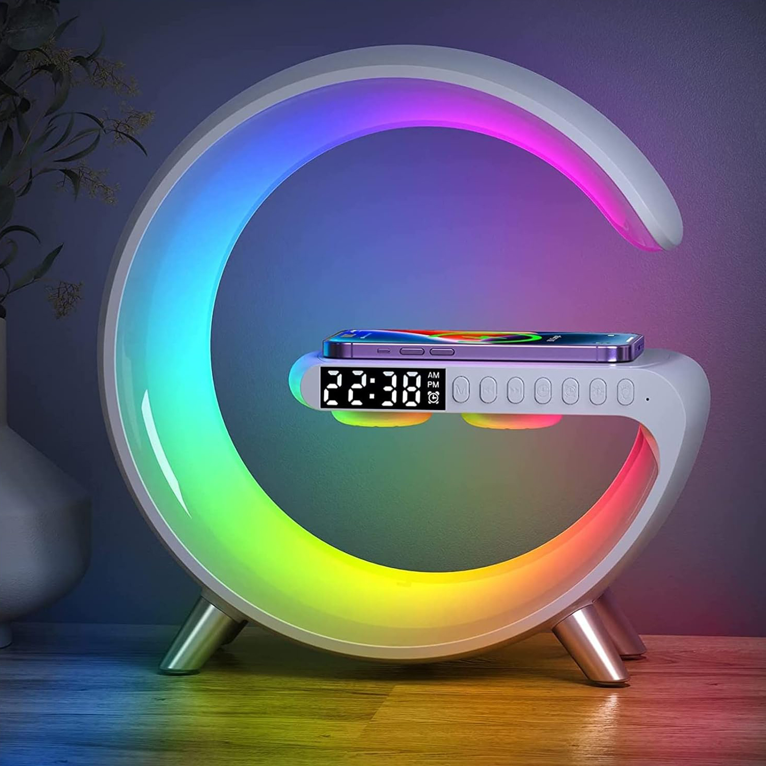 Soporte cargador inalámbrico multifuncional para smartphones con despertador, altavoz, aplicación RGB y estación de carga rápida