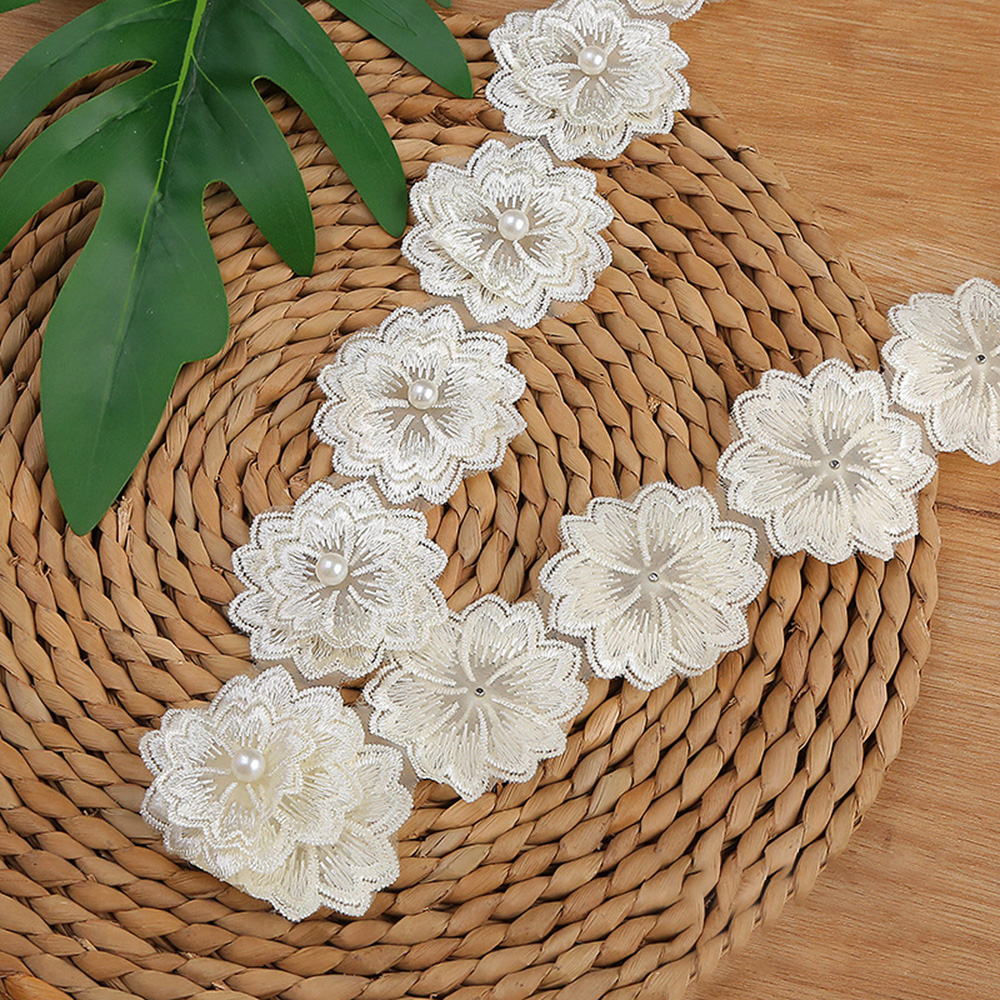 1 Yard 5.5CM Flowers Pearl Beads Lace Trim Ribbon Wedding Dress DIY Sewing Craft - Picture 24 of 28