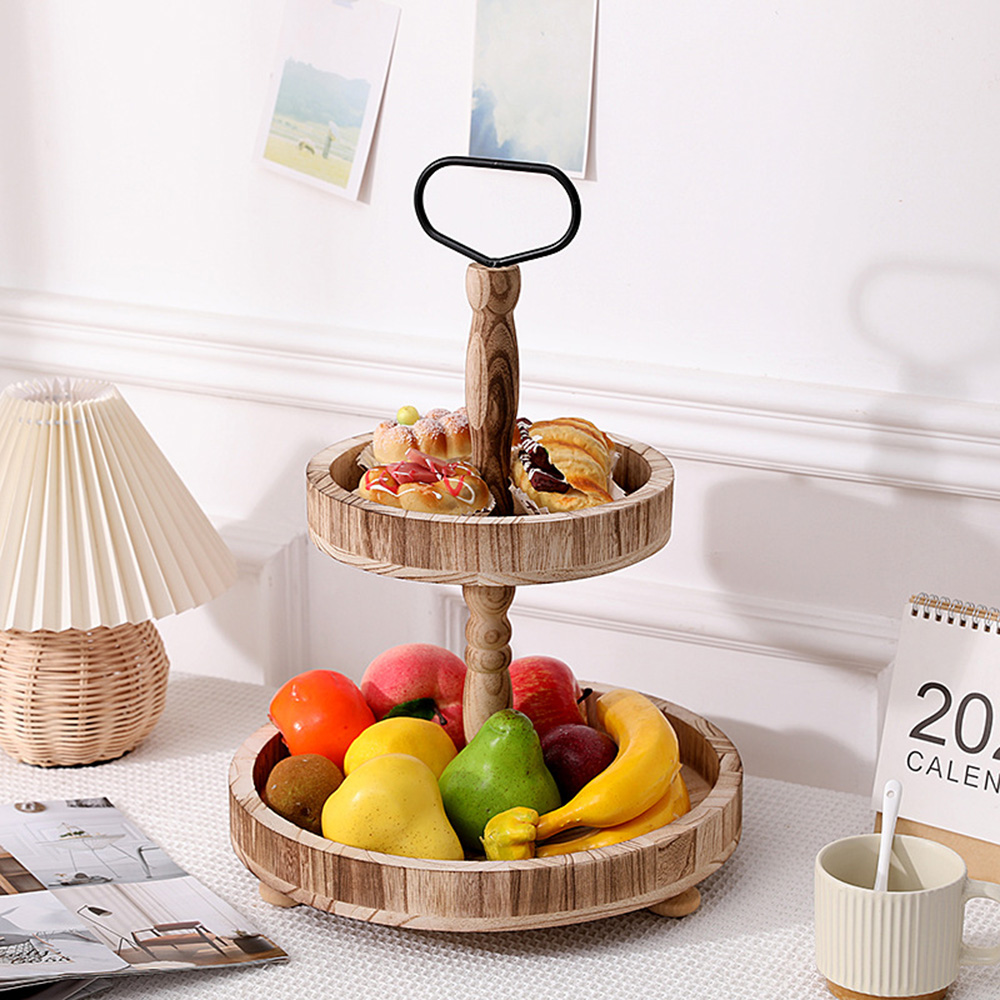 Double Tiered Wood Tray Stand Wooden Farmhouse Rustic 2 Tier Serving Tray Stand