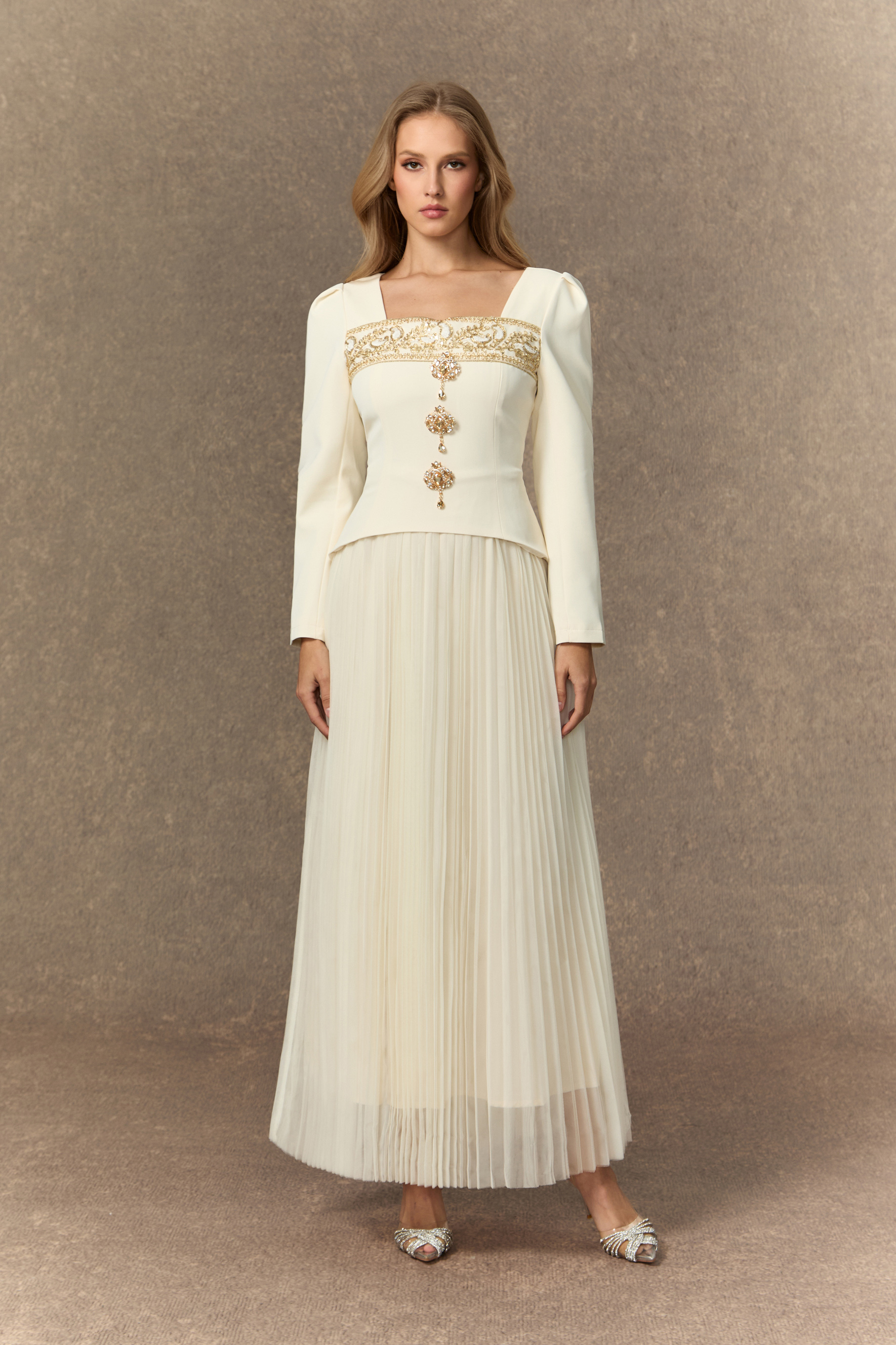 Feel The Romance Jeweled Button Pleated Maxi Dress