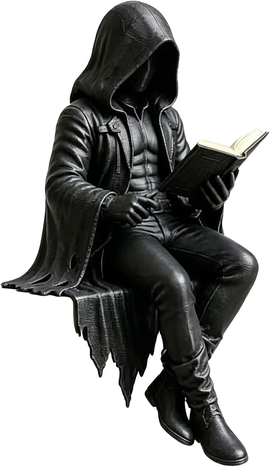 Gothic Dark Fantasy Figure, Reading Death Gothic Skeleton Demon Hooded Figurine